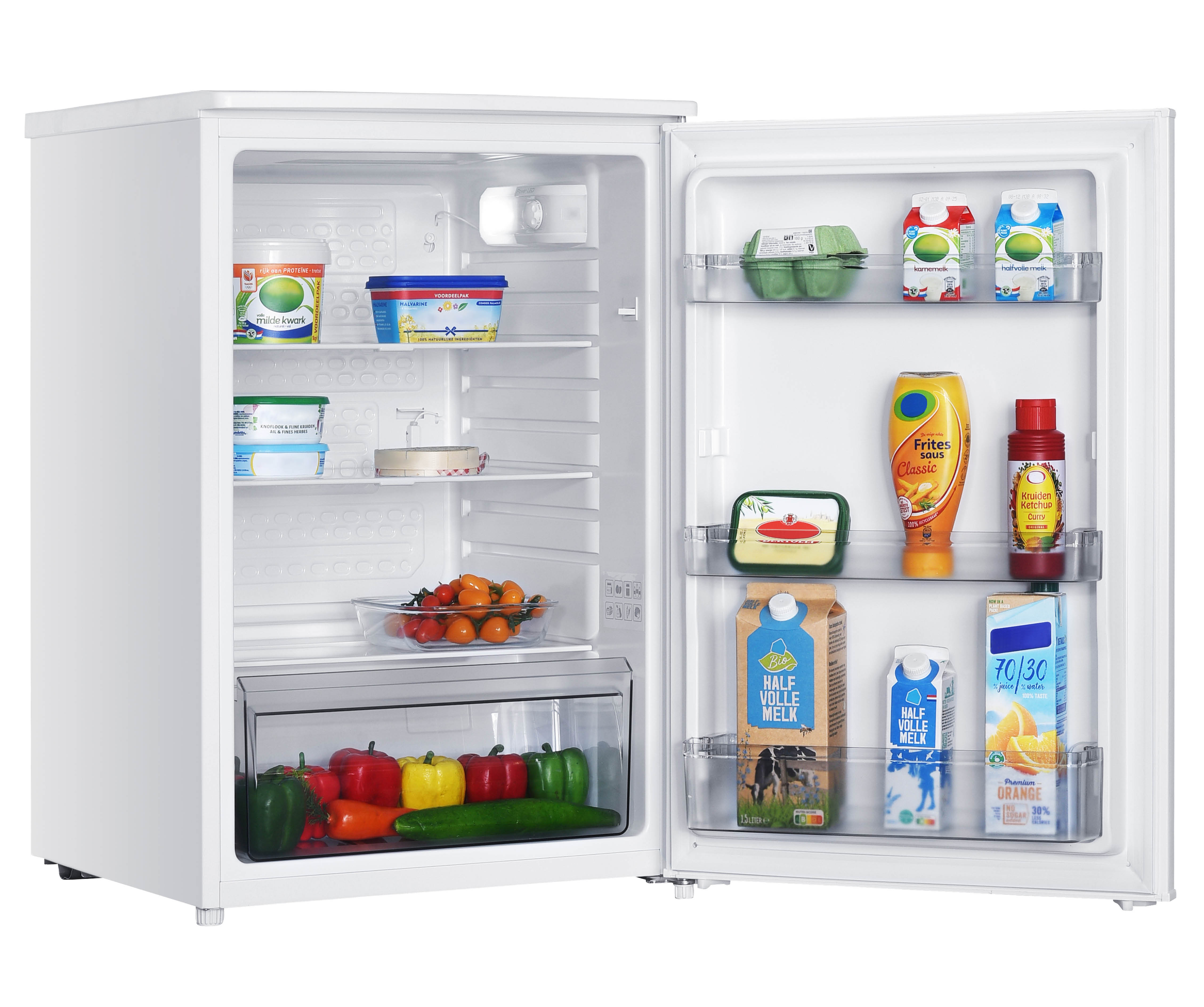 An open white refrigerator stocked with food items on its shelves.