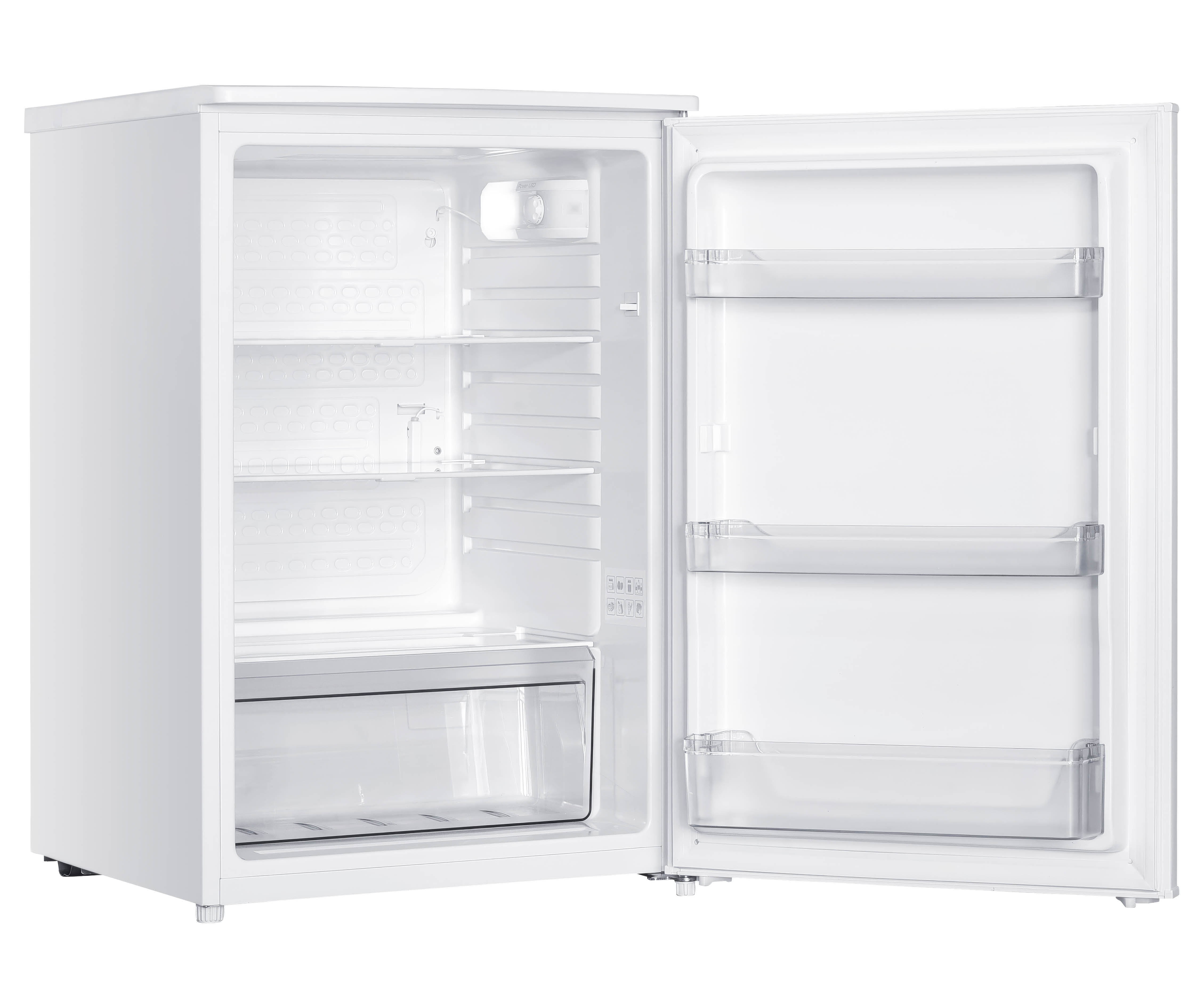 A white refrigerator with its door open, empty and clean.