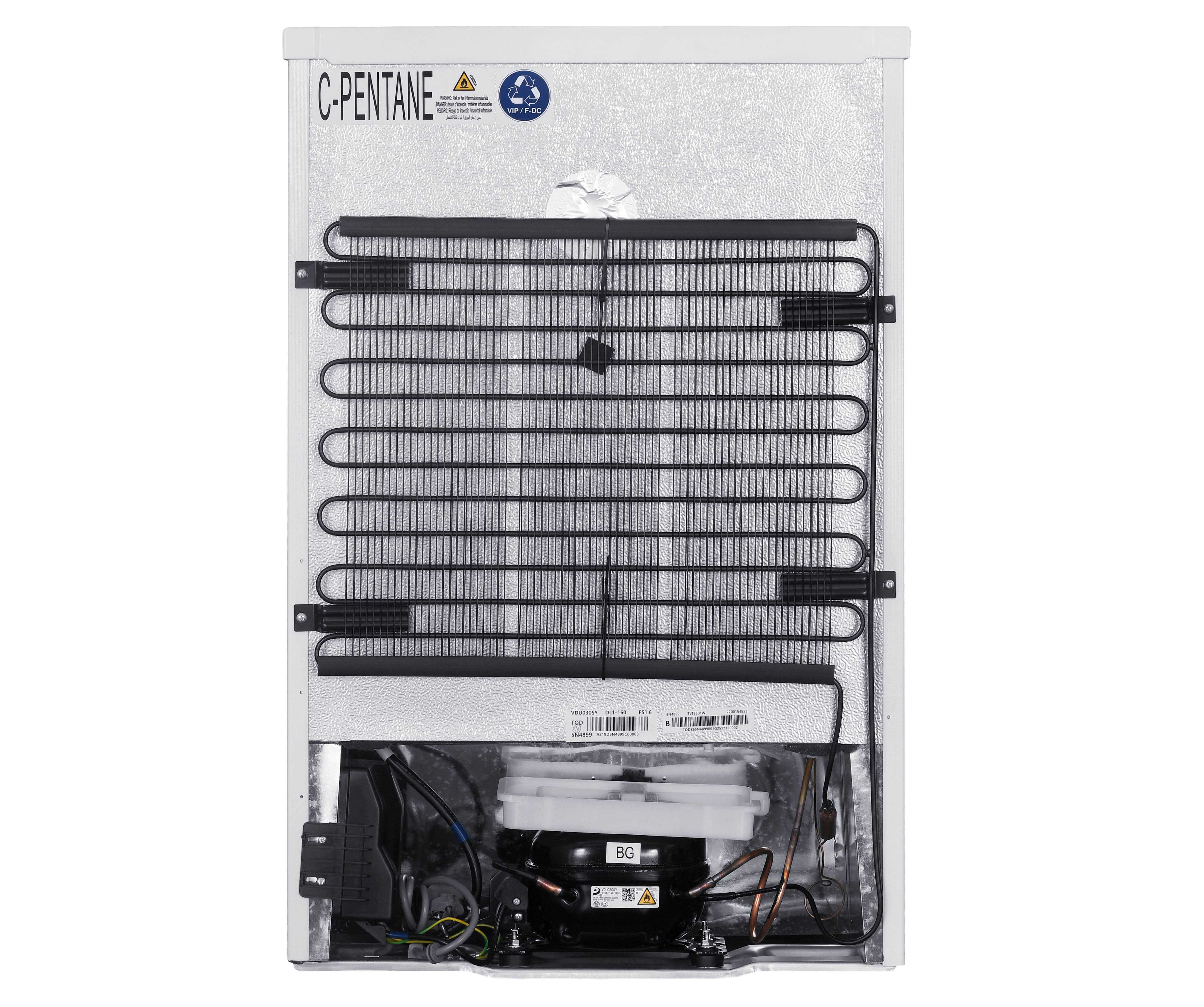 Back of a refrigerator showing condenser coils, compressor, and warning labels.