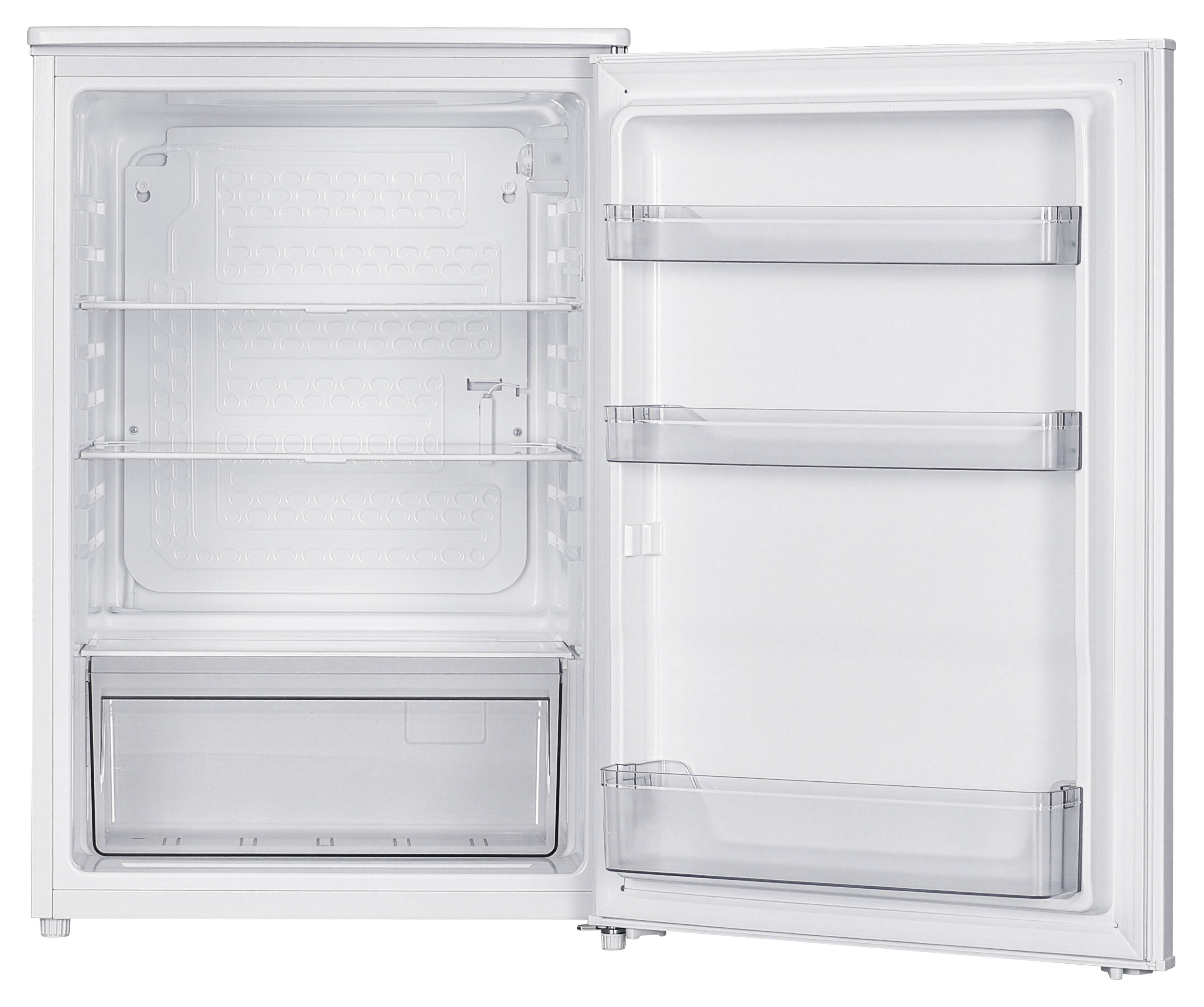 A white refrigerator with its door open, showing three shelves and one drawer.