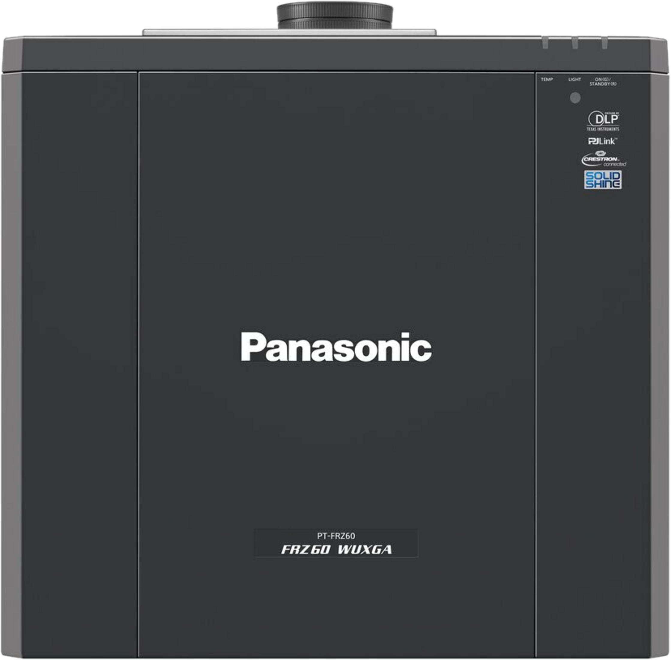 Proiettore Panasonic grigio scuro PT-FRZ60 con loghi ed etichette argentate.