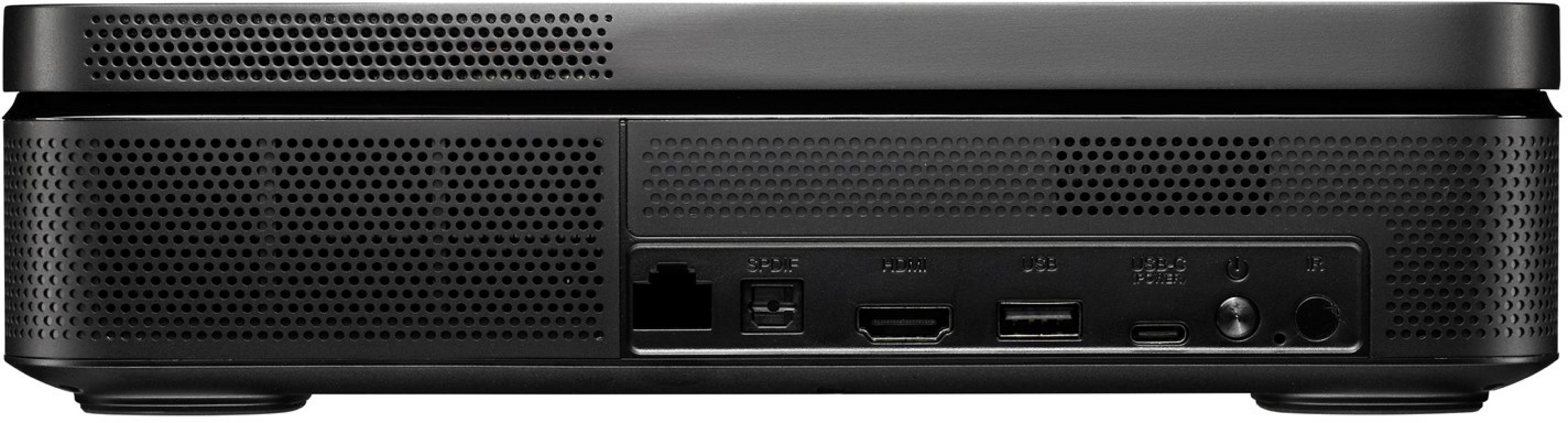 Czarne urządzenie z otworami wentylacyjnymi i portami HDMI, USB i USB-C.