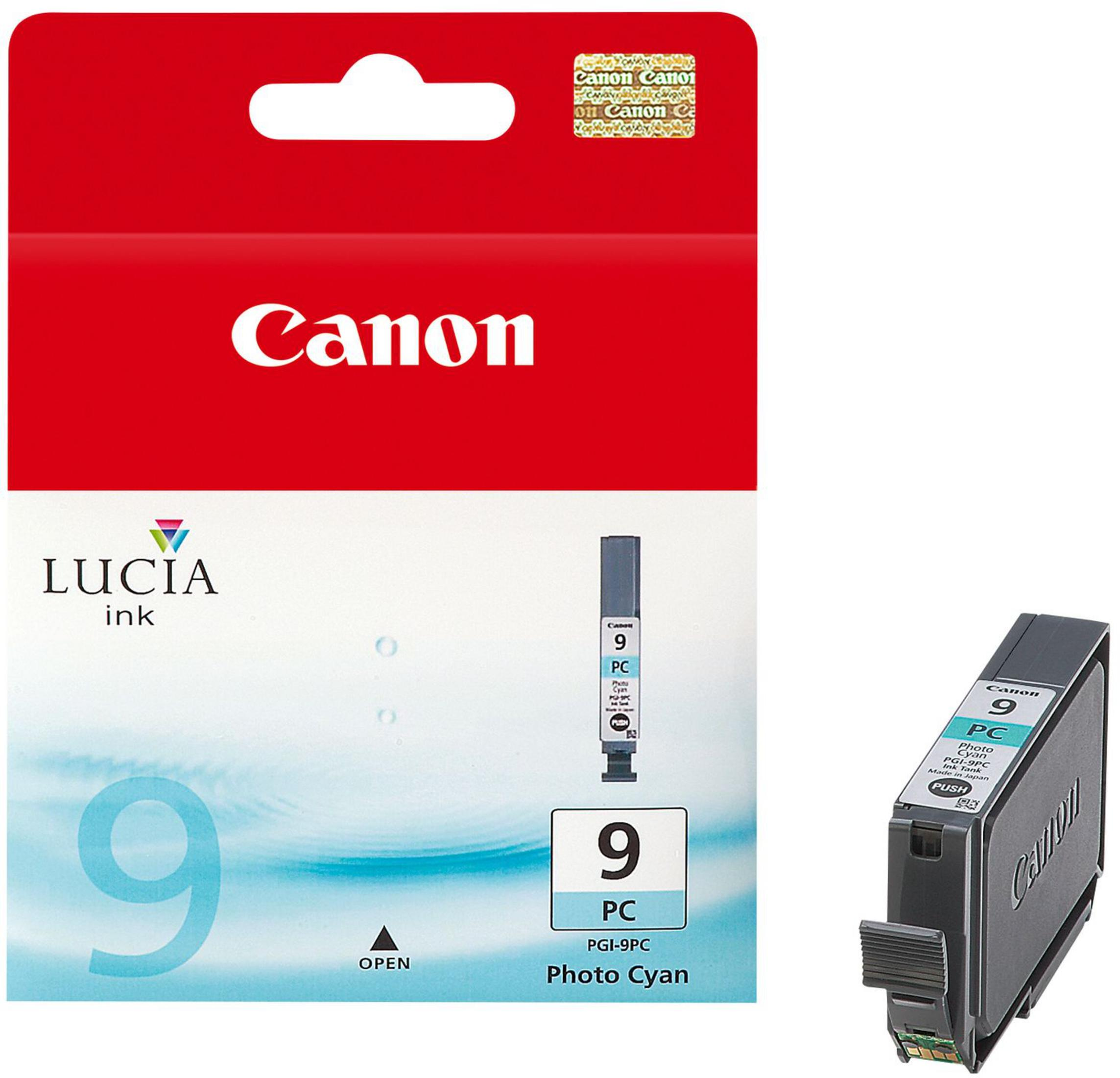 Canon PGI-9PC Photo Cyan inktpatroon, model 9, op witte achtergrond.
