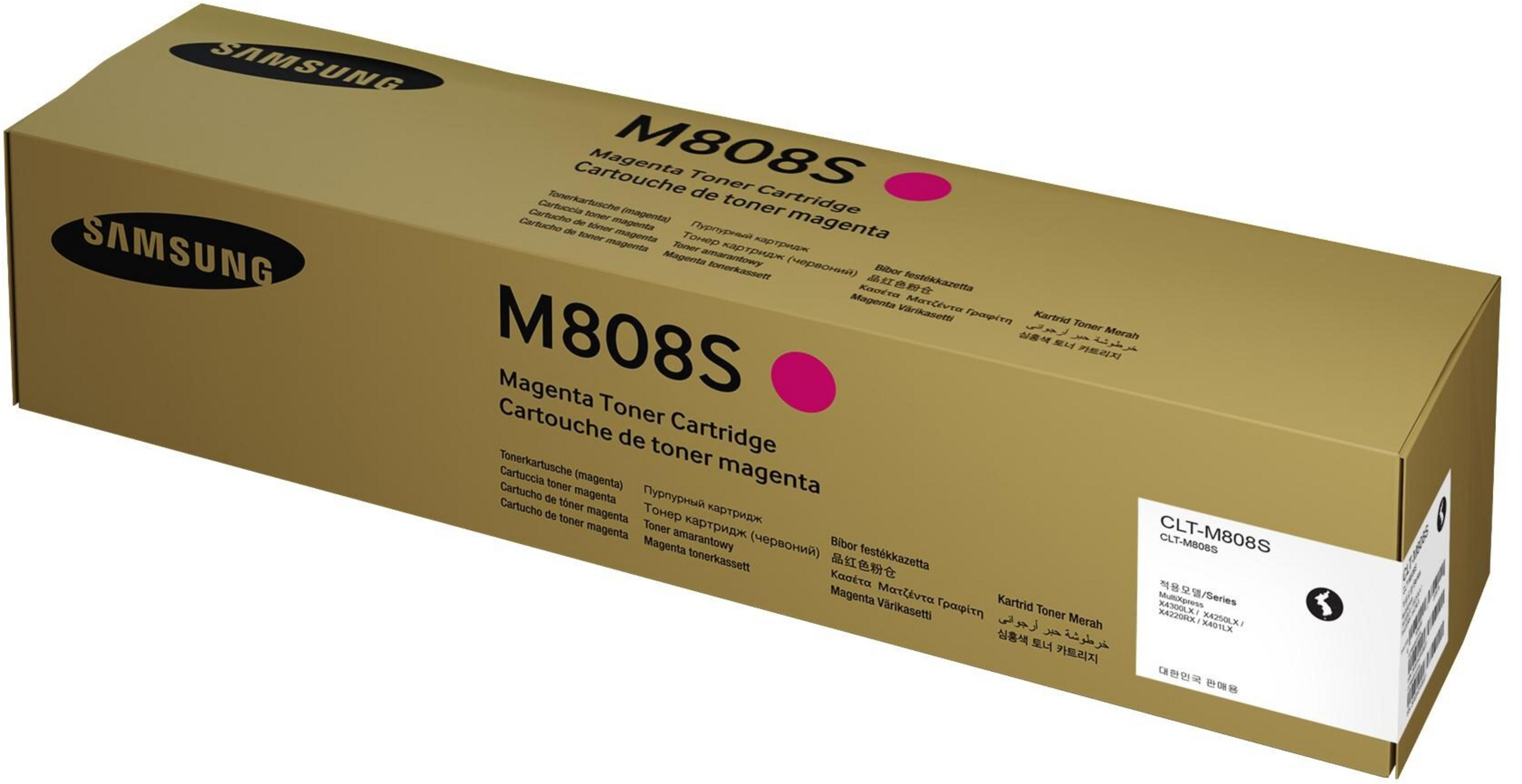 Goldene Samsung-Box mit M808S Magenta-Tonerkartusche und mehrsprachiger Beschriftung.