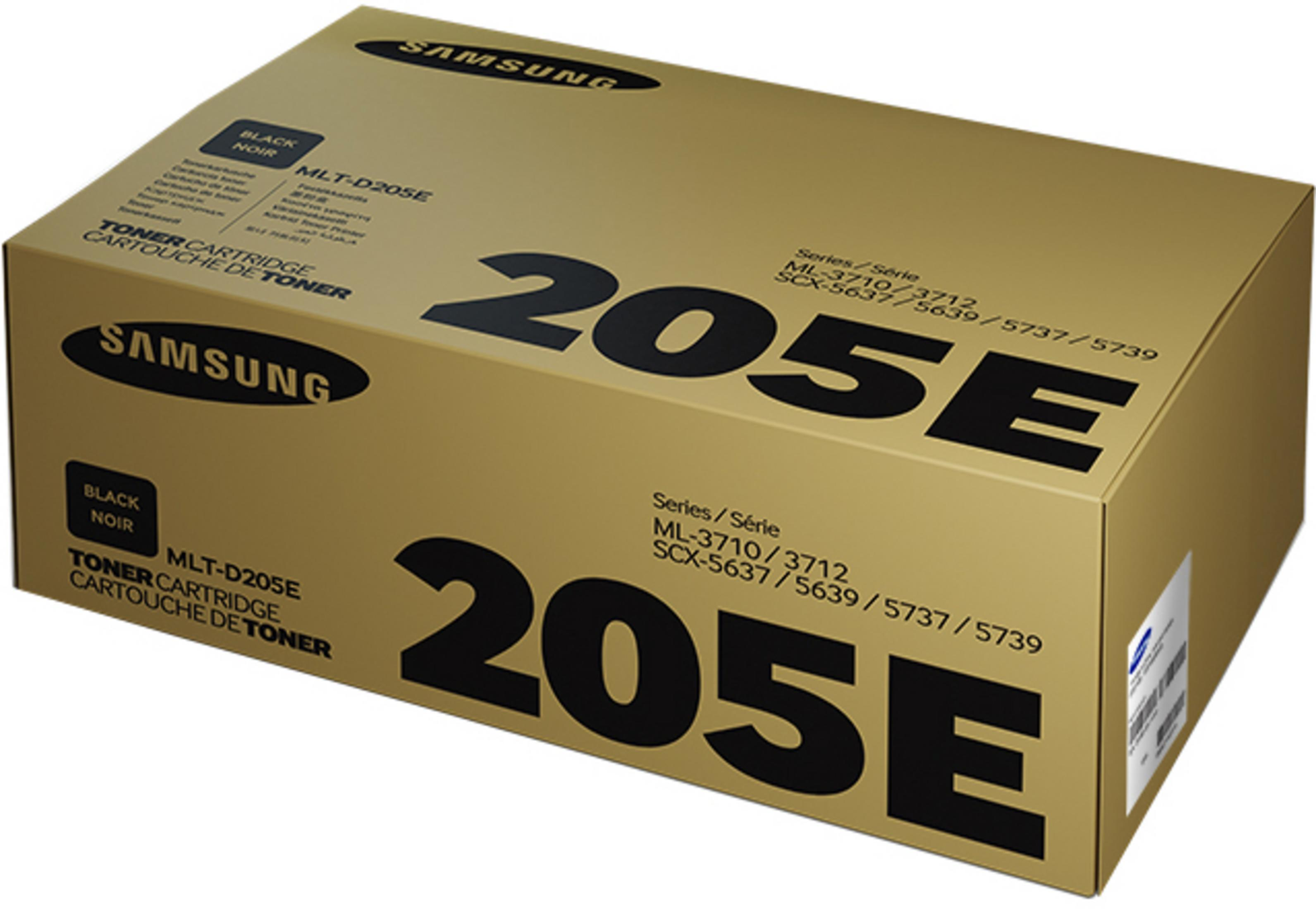 Złoty toner Samsung MLT-D205E z czarnym napisem.