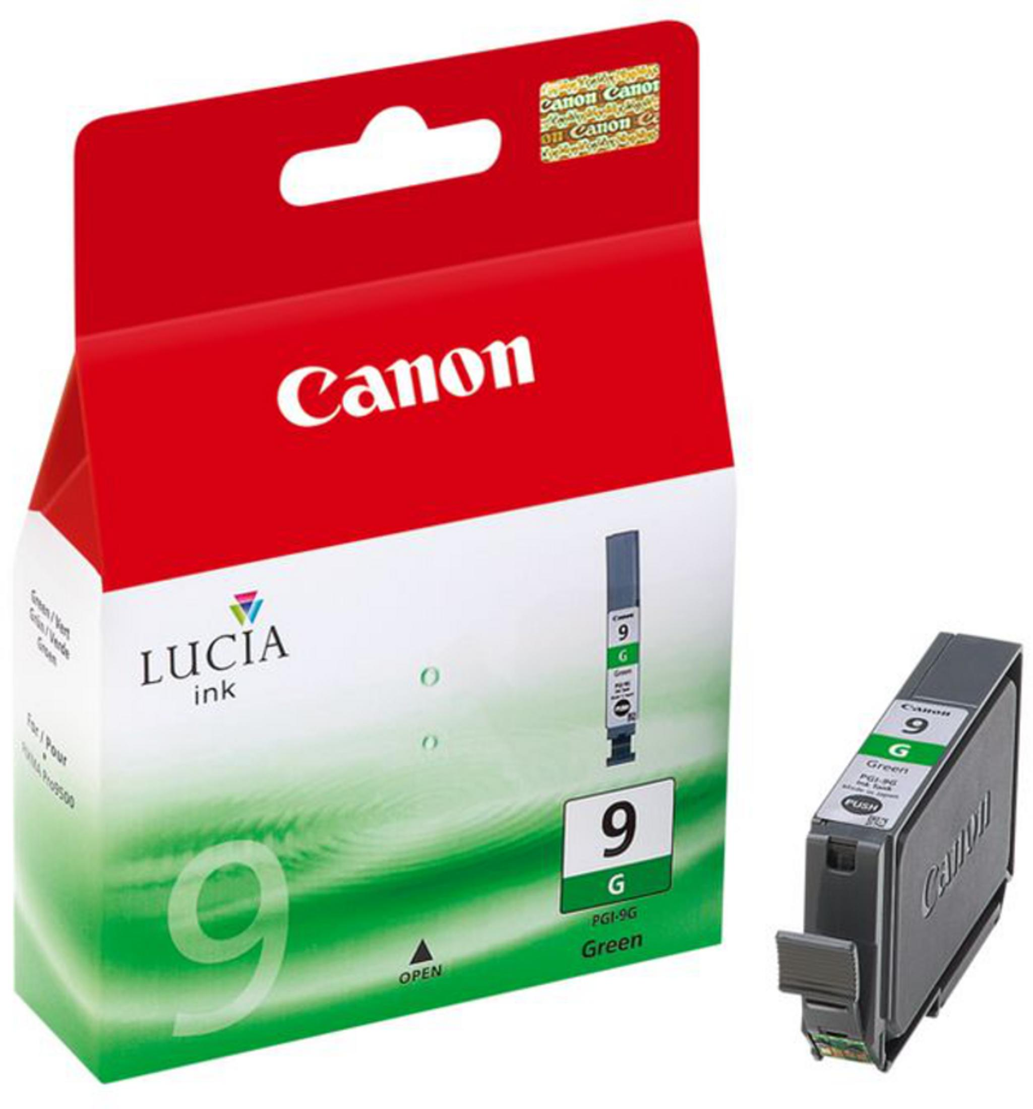 Canon PGI-9G Groene inktcartridge met verpakking, naast de cartridge.