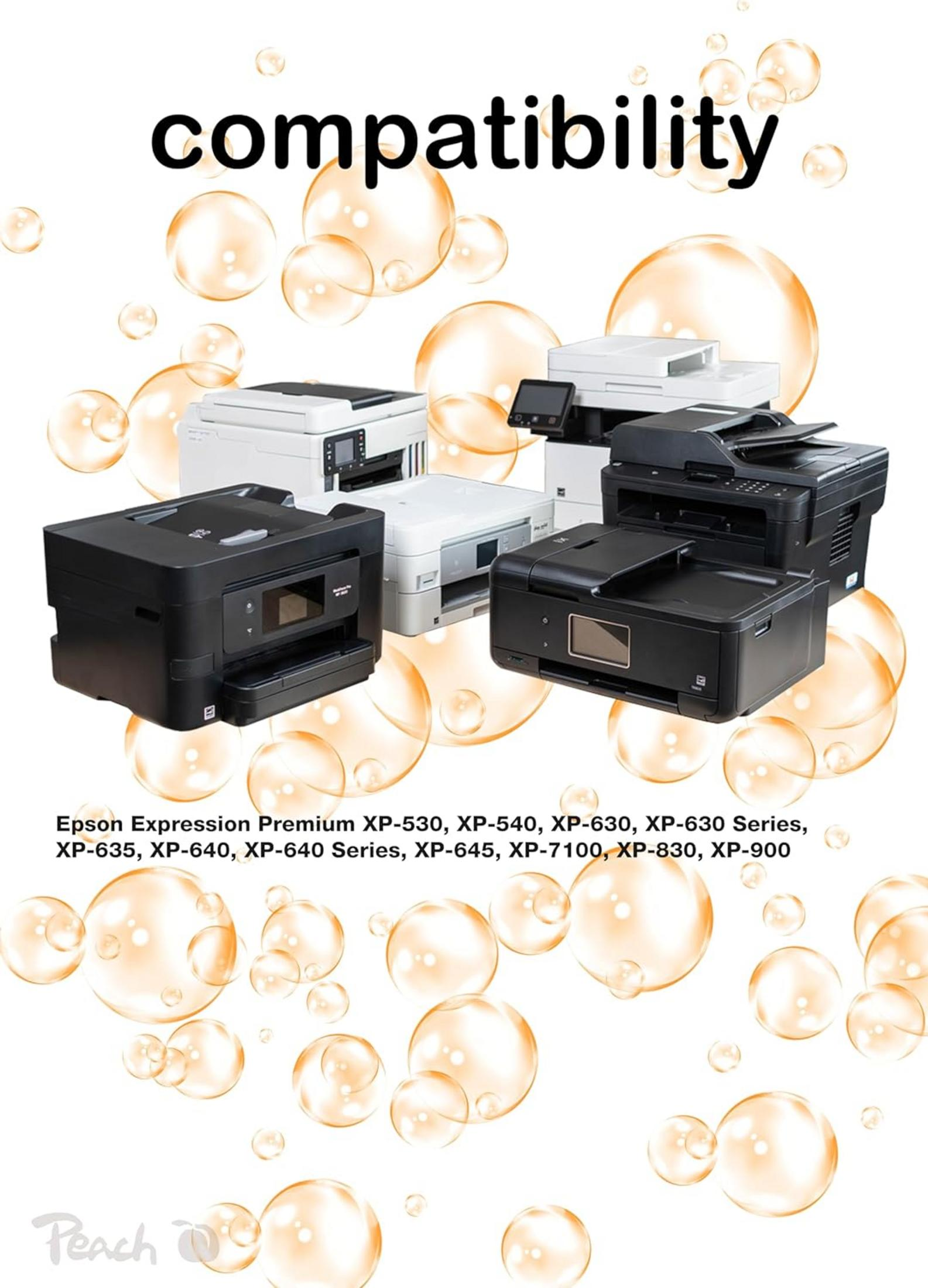 Kilka drukarek Epson, ze słowem kompatybilność i bańkami.