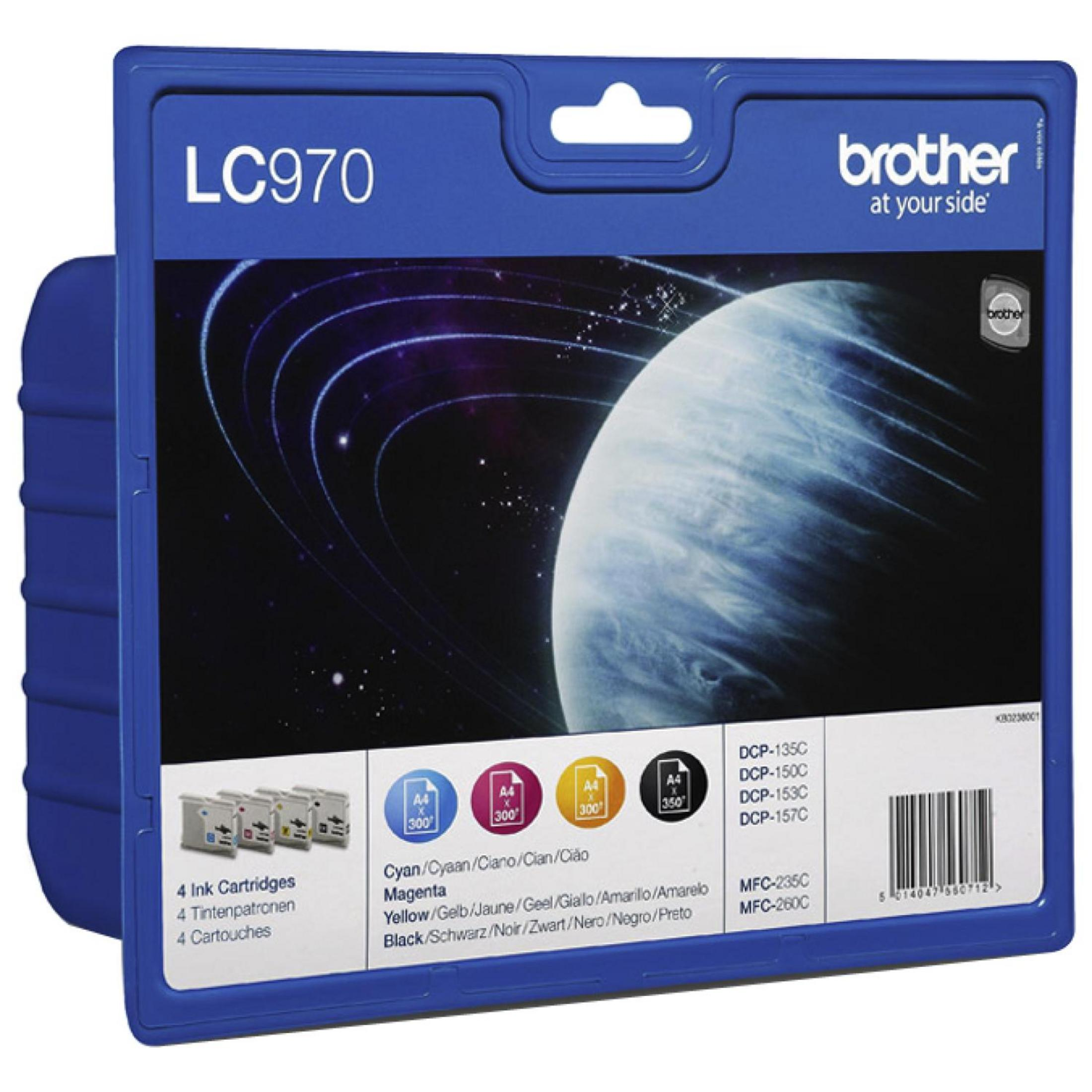 Brother LC970 Tintenpatronen-Verpackung mit 4 Patronen und Planetensymbol.