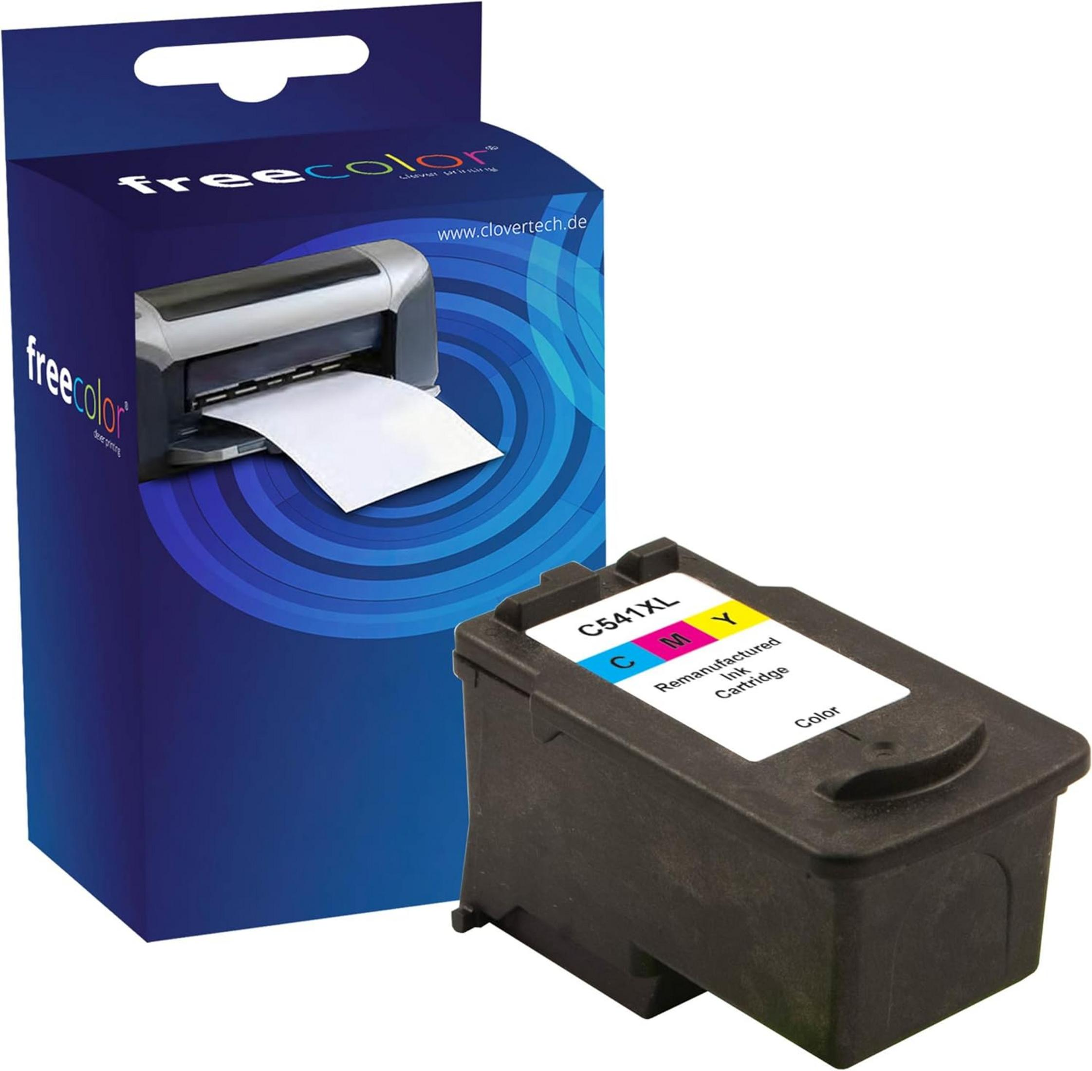Una cartuccia d'inchiostro nera C541XL accanto a una scatola blu con una stampante e carta.