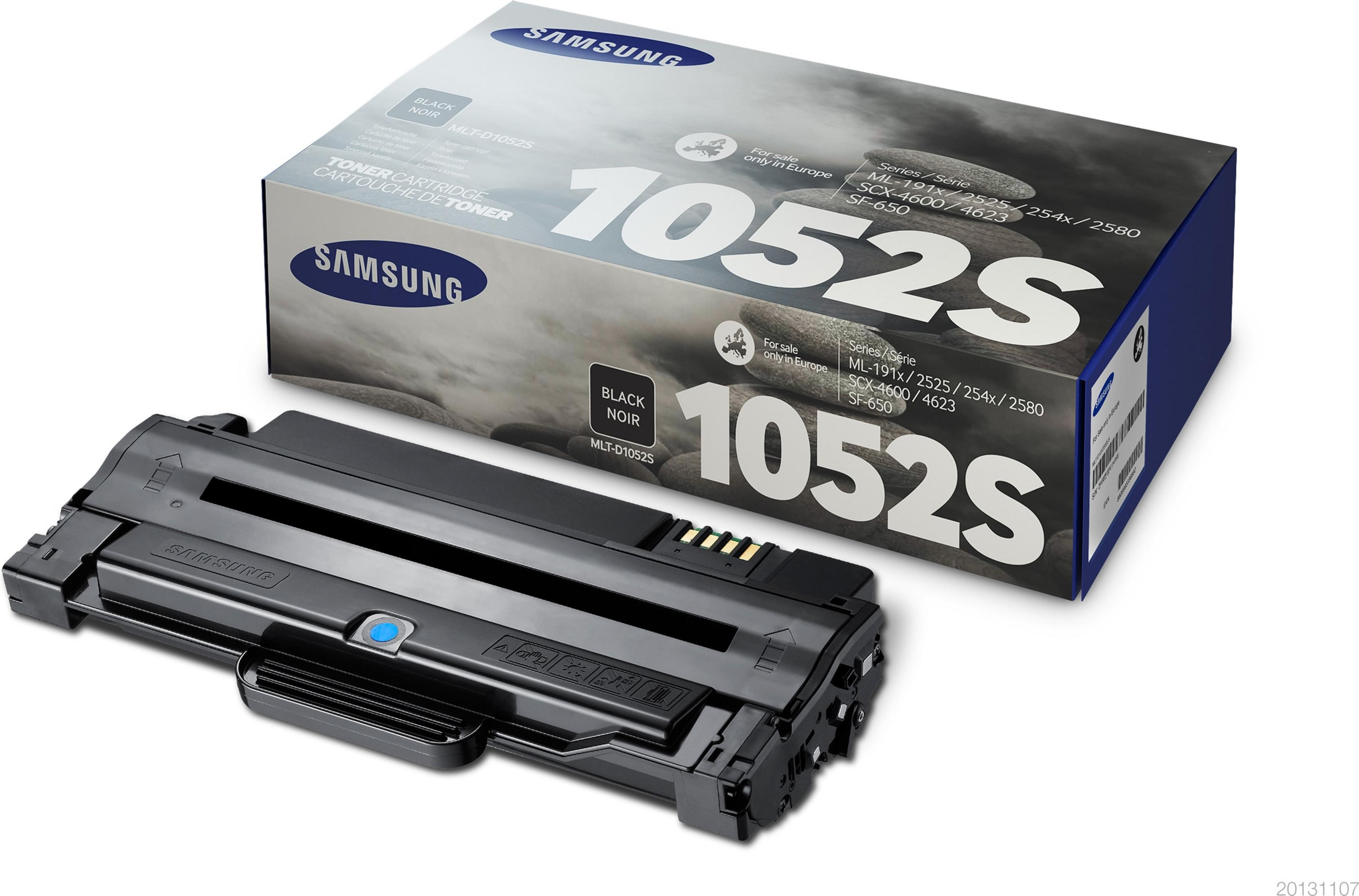 Samsung MLT-D1052S schwarze Tonerkartusche und Verpackung.