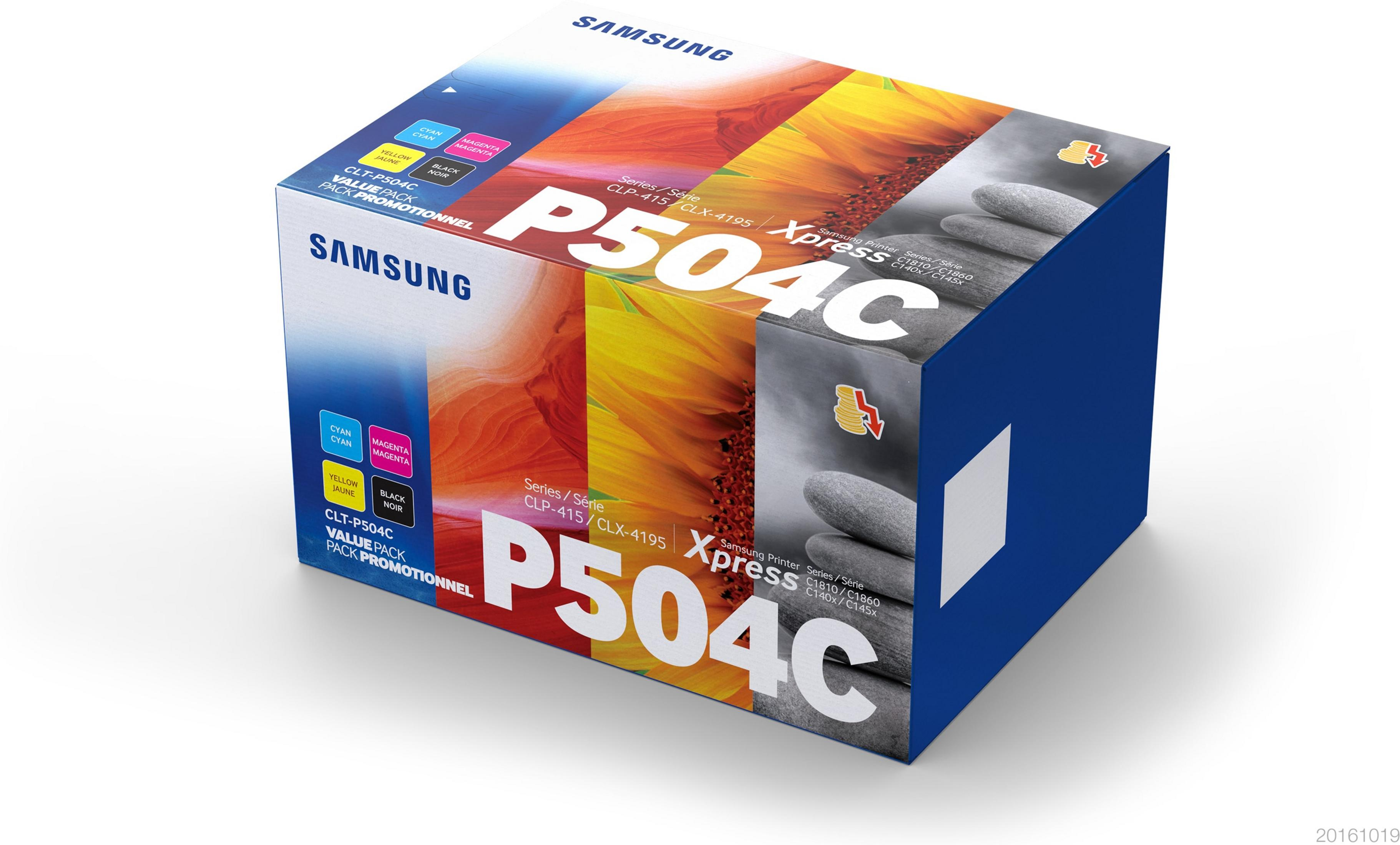Samsung P504C Toner-Box mit Blumen- und Steinmotiven und Farbquadraten.