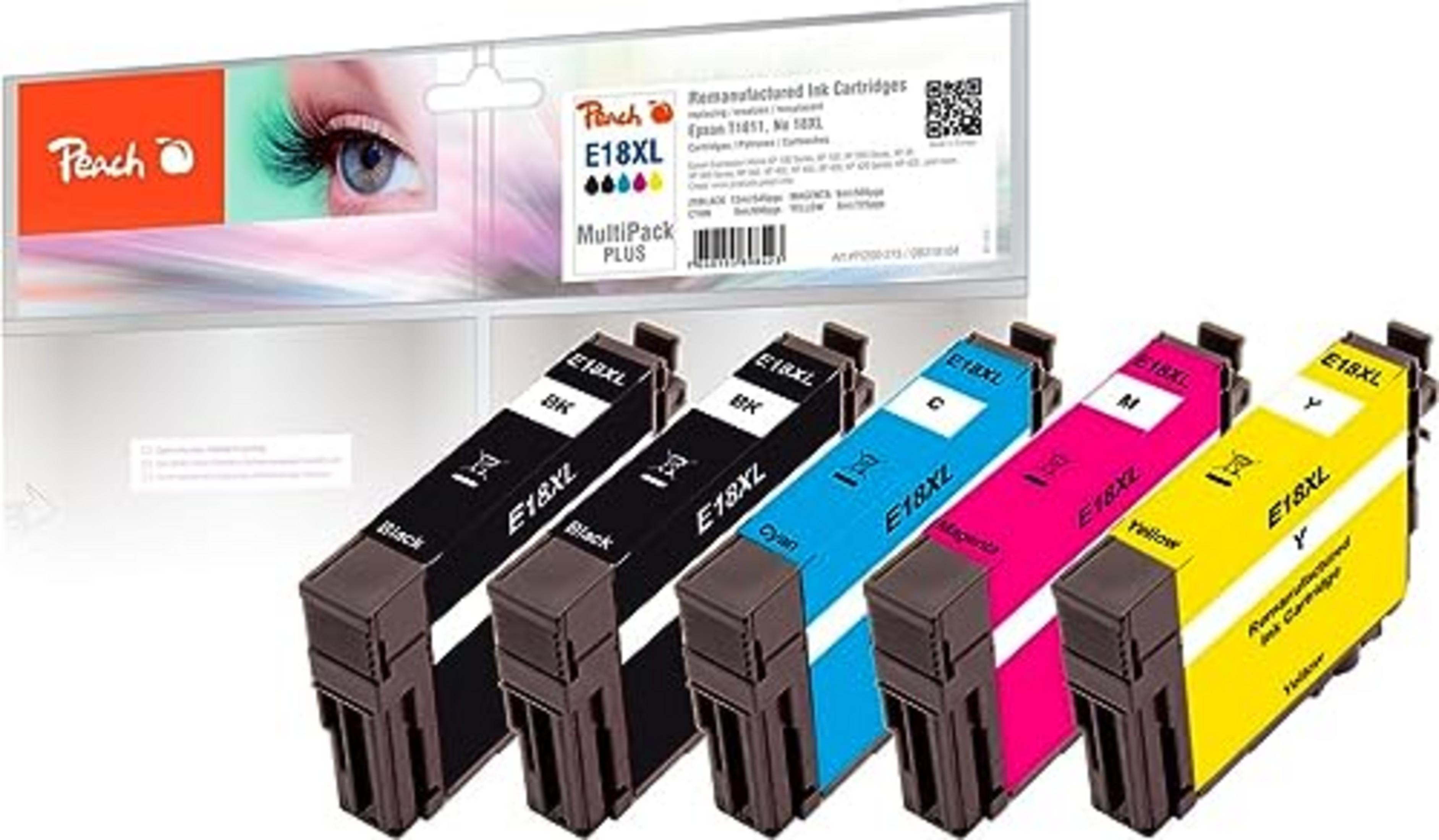 Quatre cartouches d'encre Peach E18XL colorées : Noir, Cyan, Magenta et Jaune.