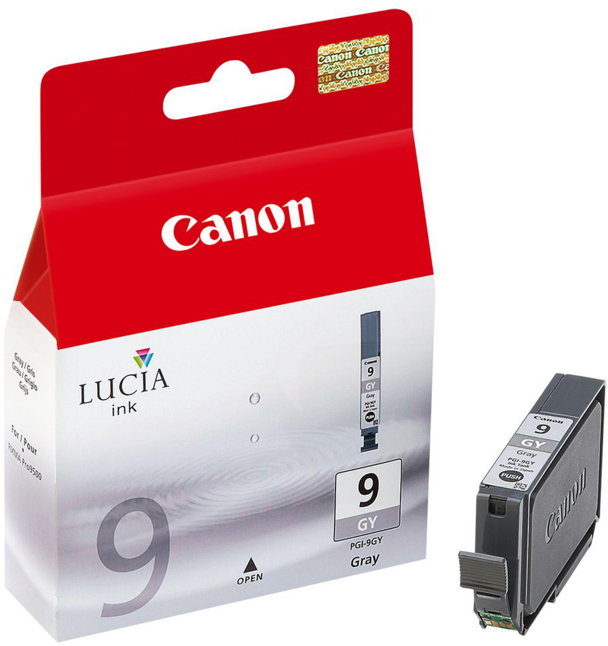 Canon PGI-9GY Grijze inktcartridge voor PIXMA Pro9500, met "OPEN" en "PUSH" labels.