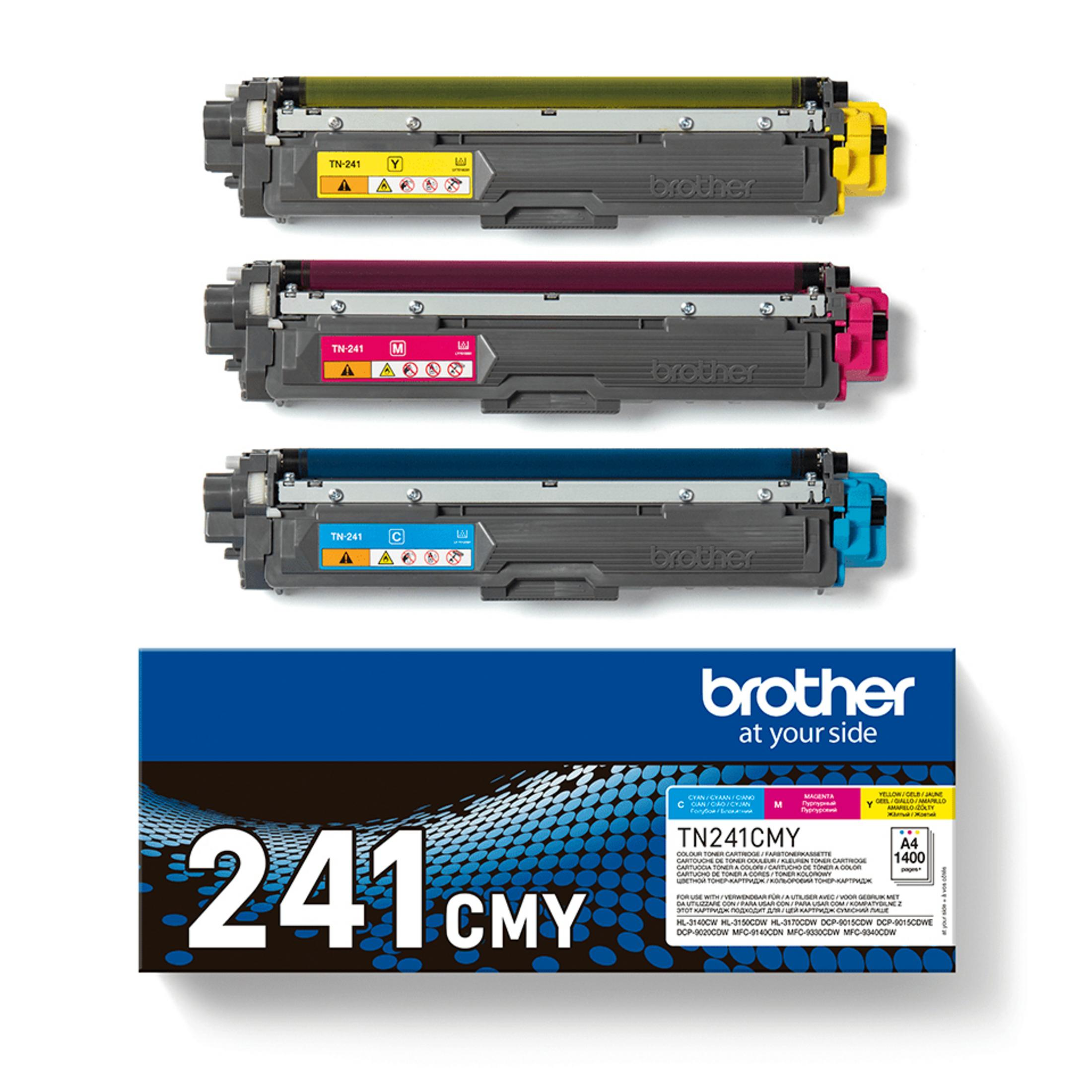 Drei Brother TN-241 Tonerkartuschen (gelb, magenta, cyan) und eine Verpackung.