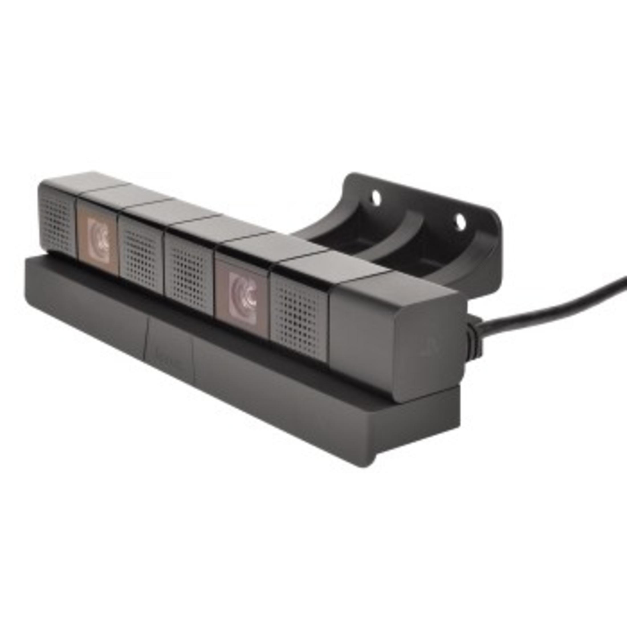 Schwarzer VR-Kamera-Sensor mit Halterung und Kabel auf weißem Hintergrund.