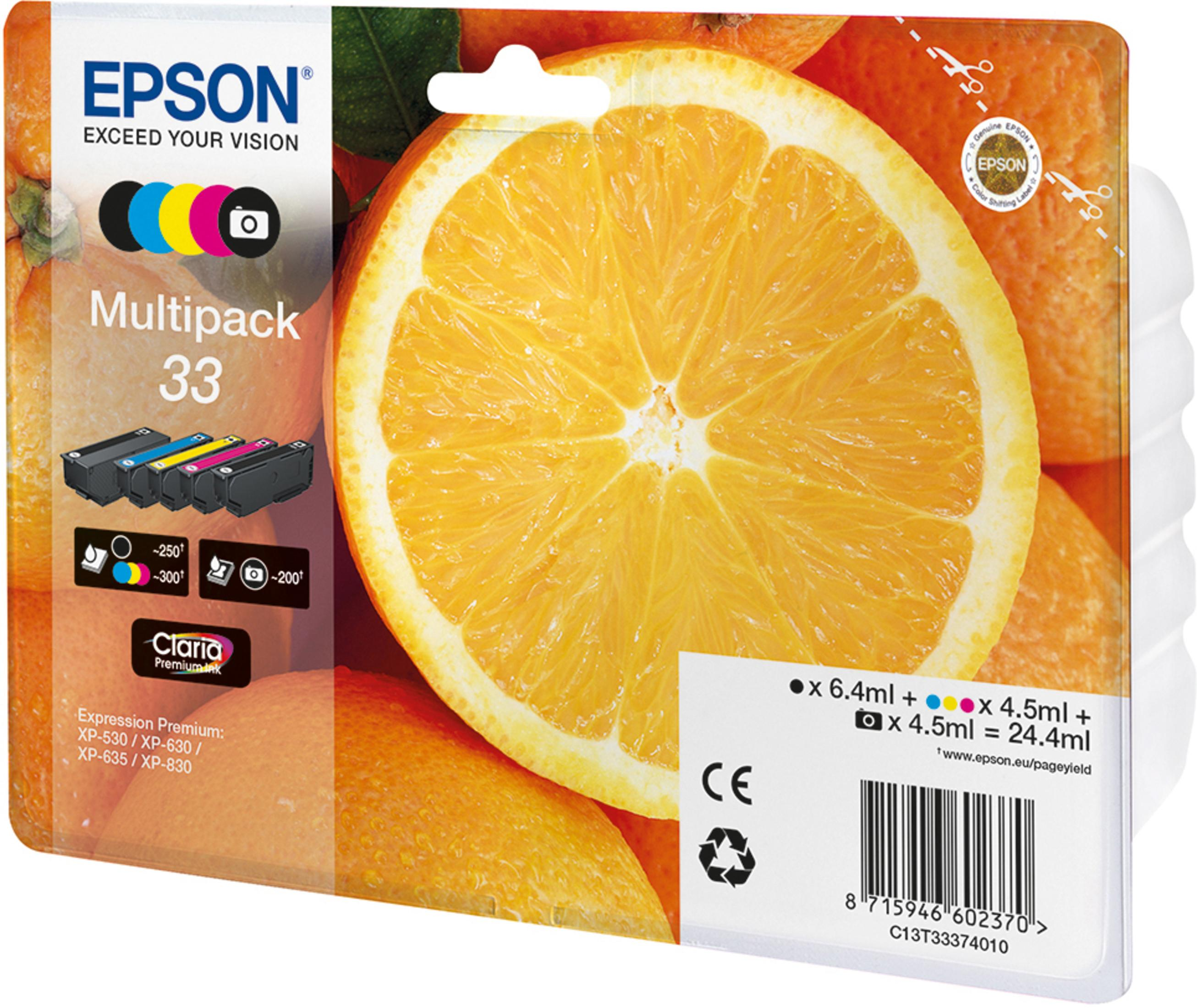 Epson Multipack 33 ink cartridges with orange slice and fruit in background.