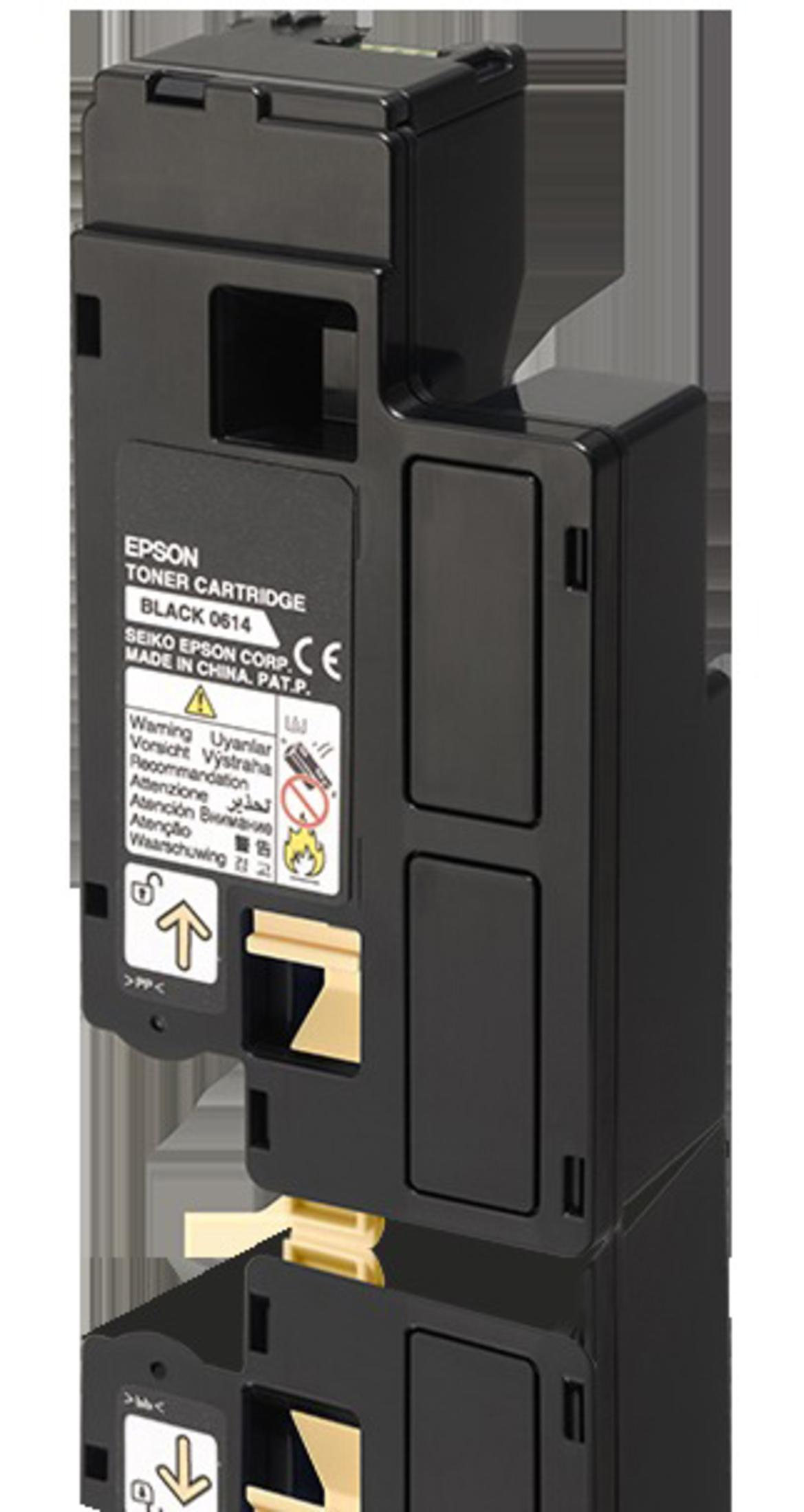 Una cartuccia toner Epson nera, modello 0614, con simboli di avvertimento.