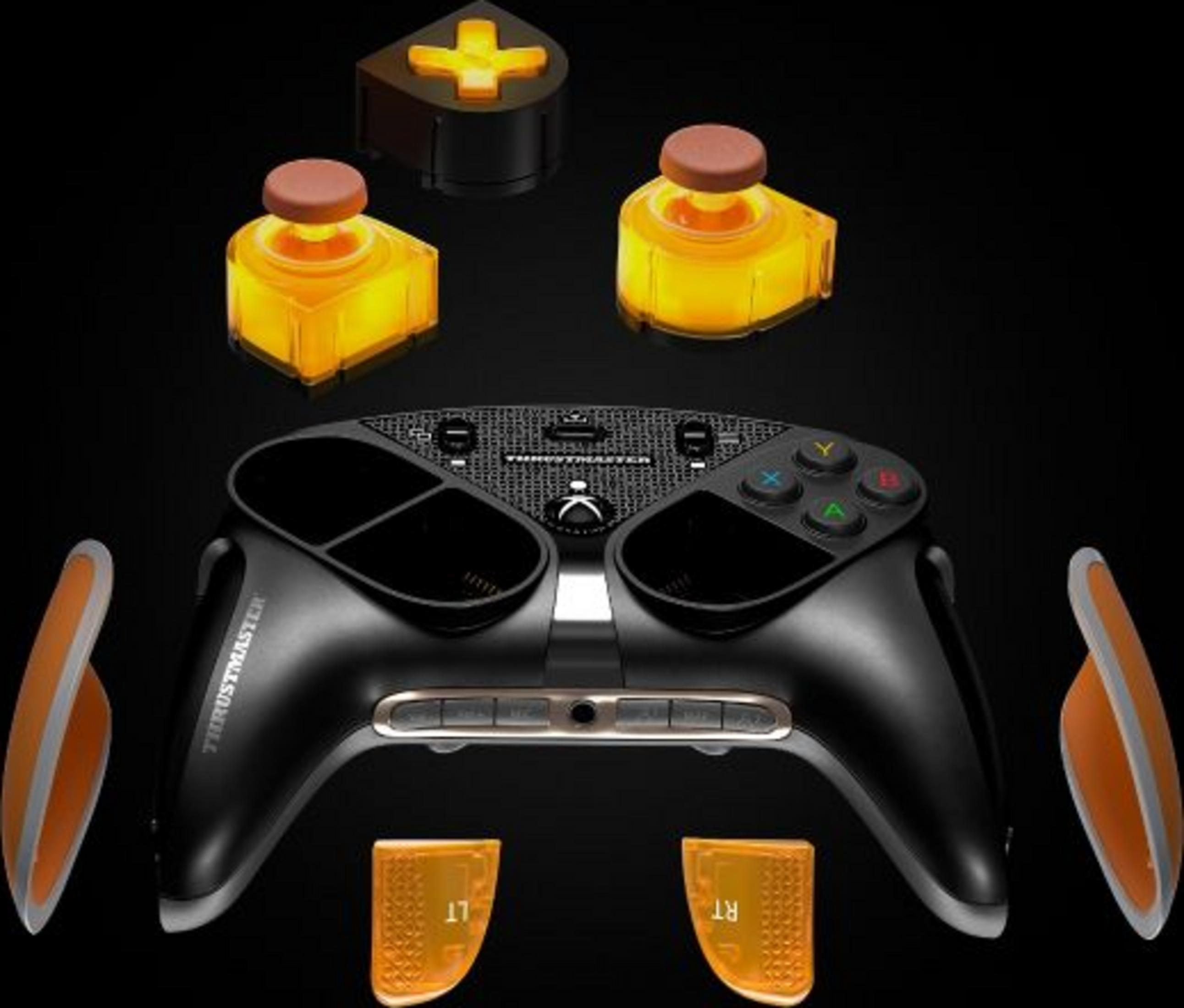 Un controller nero con accenti arancioni e componenti arancioni luminosi.