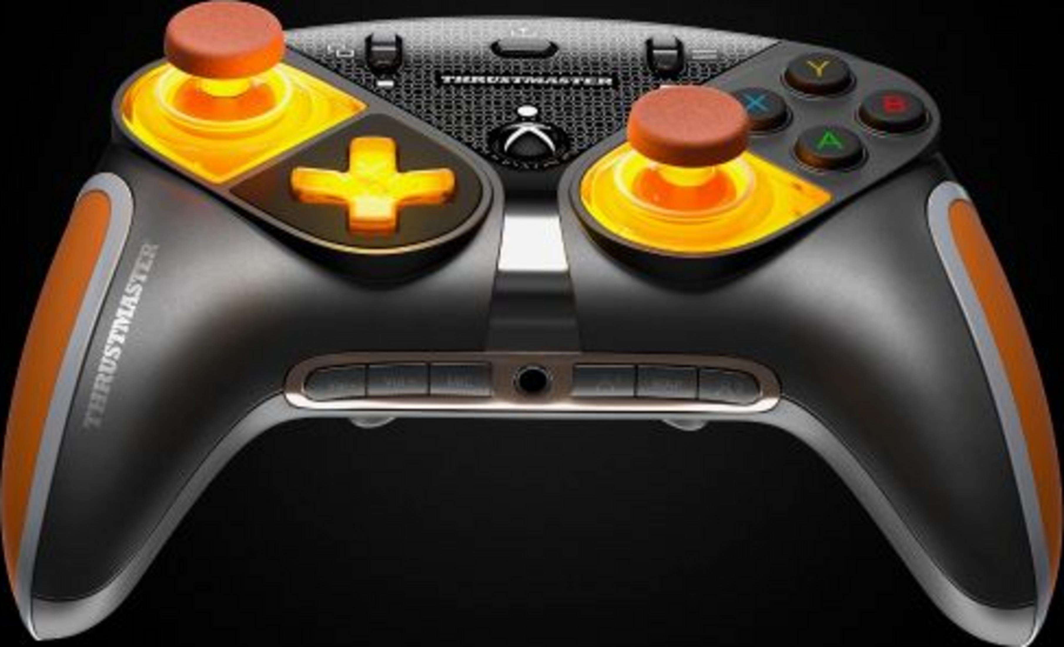 Controller da gioco nero con accenti arancioni e controlli illuminati.