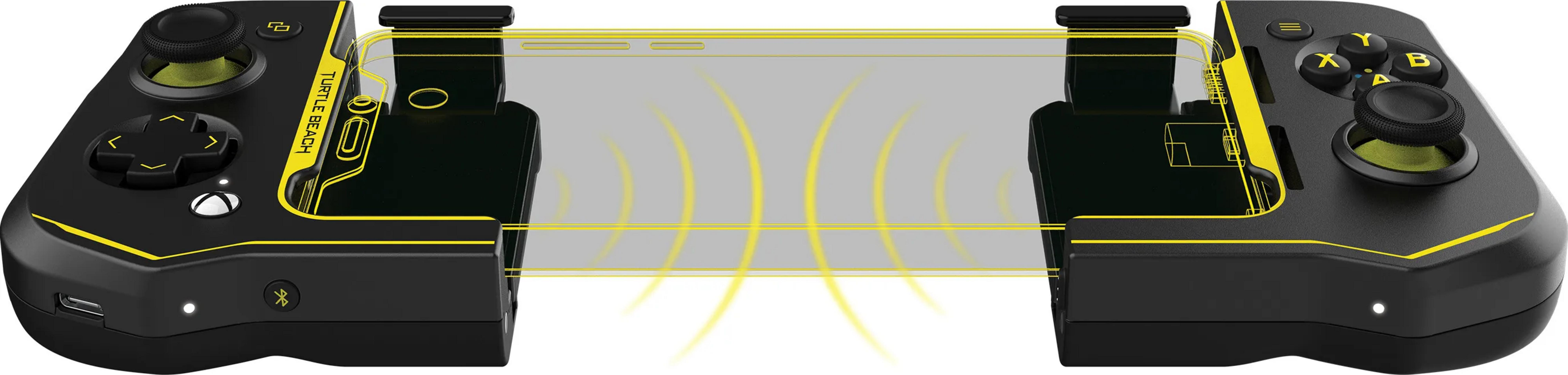 Schwarzer Gaming-Controller mit gelben Akzenten und einem transparenten Mittelteil.
