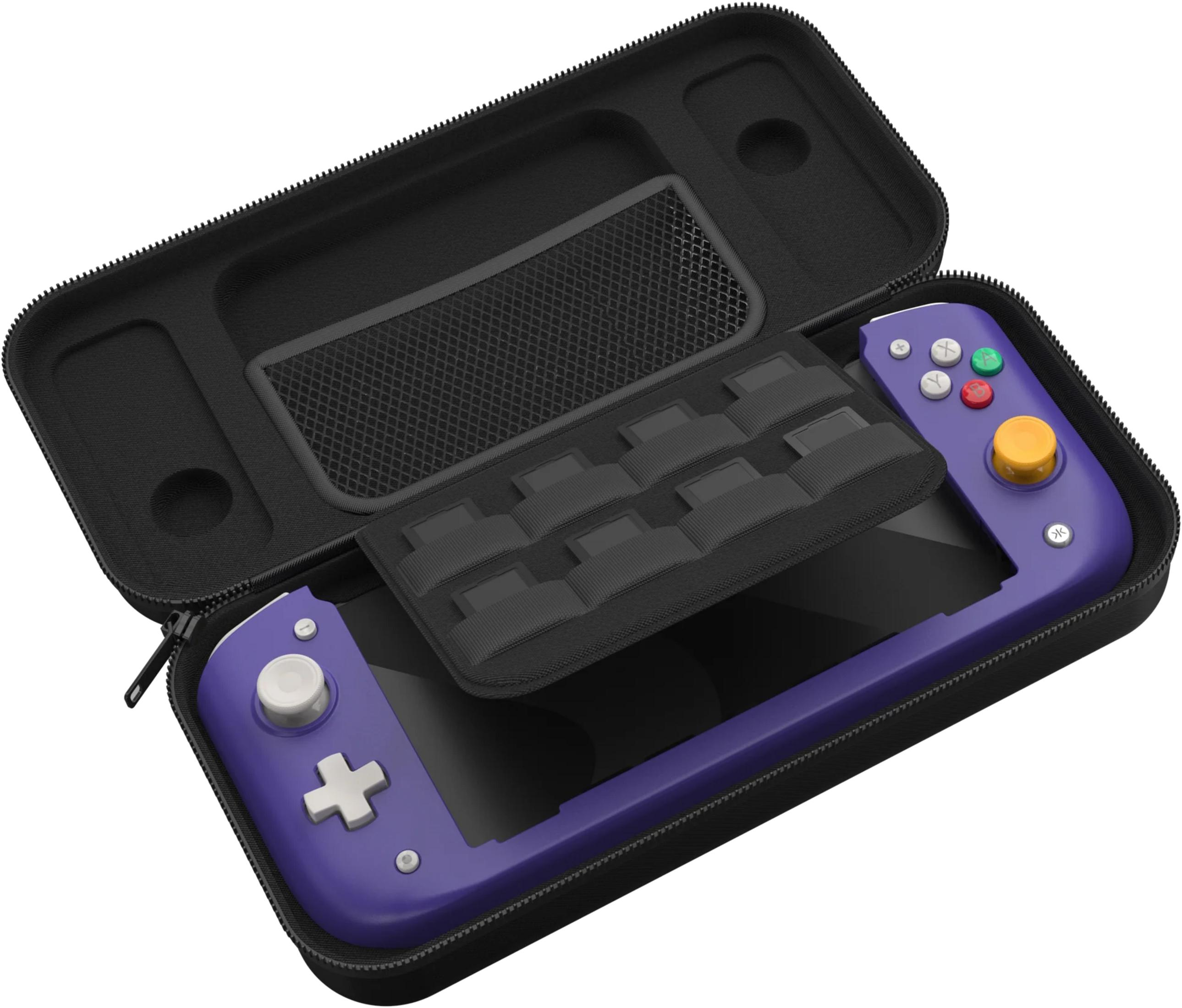 Lila Handheld-Konsole in schwarzer Tasche mit Speicherkartenfächern.
