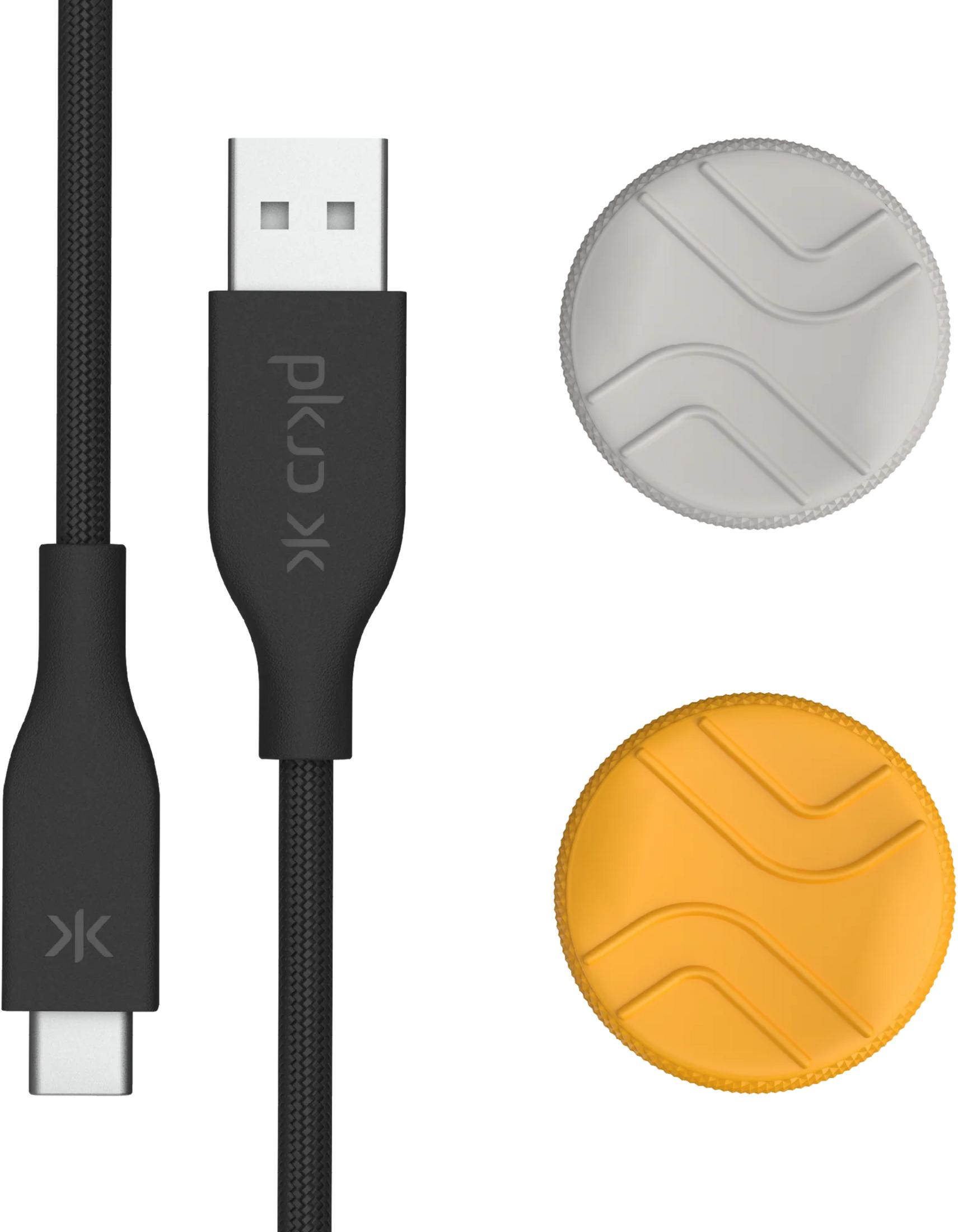 Schwarzes USB-C- und USB-A-Kabel mit zwei runden, flachen Objekten.