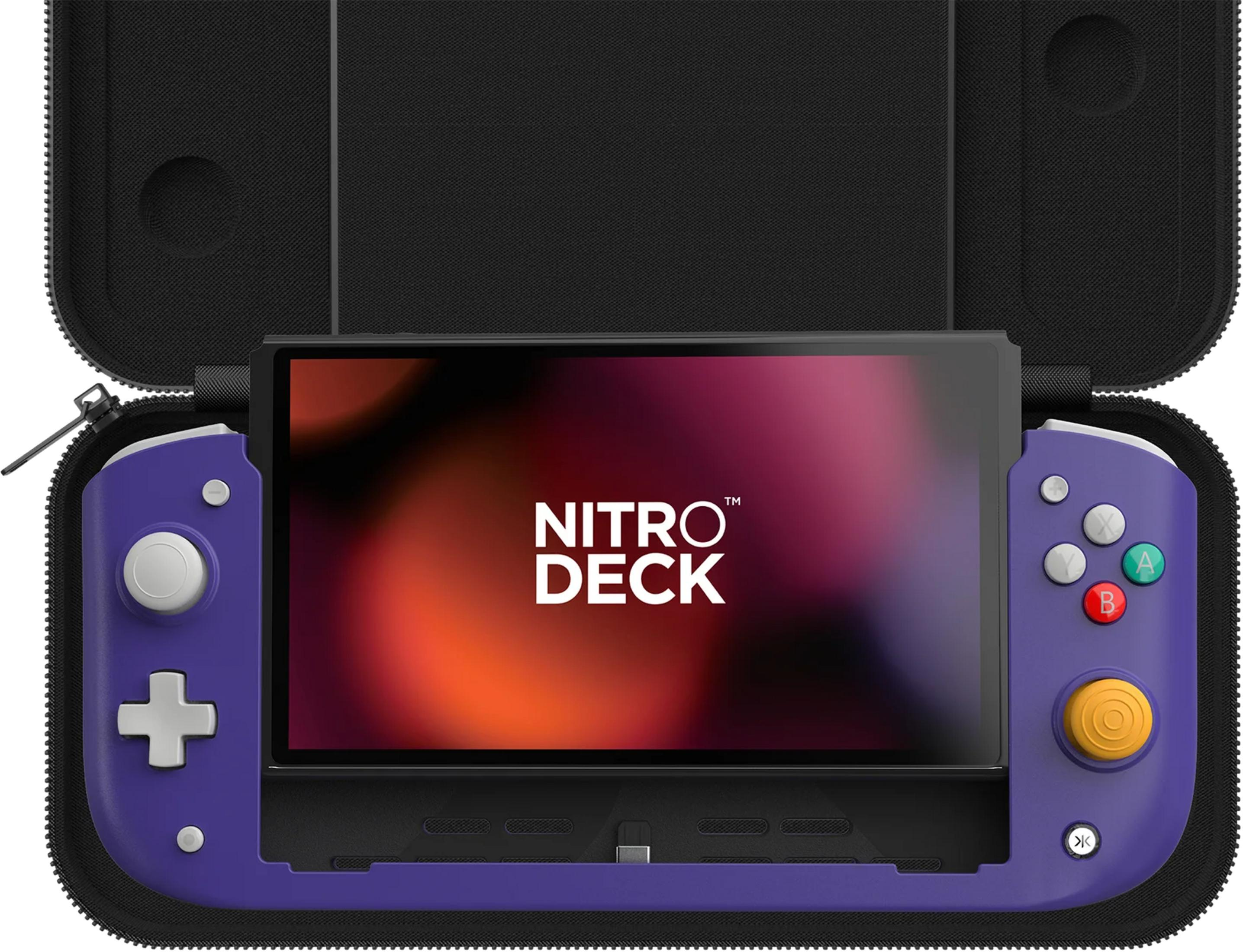 Lila Gaming-Controller mit Bildschirm und Reißverschlusstasche.