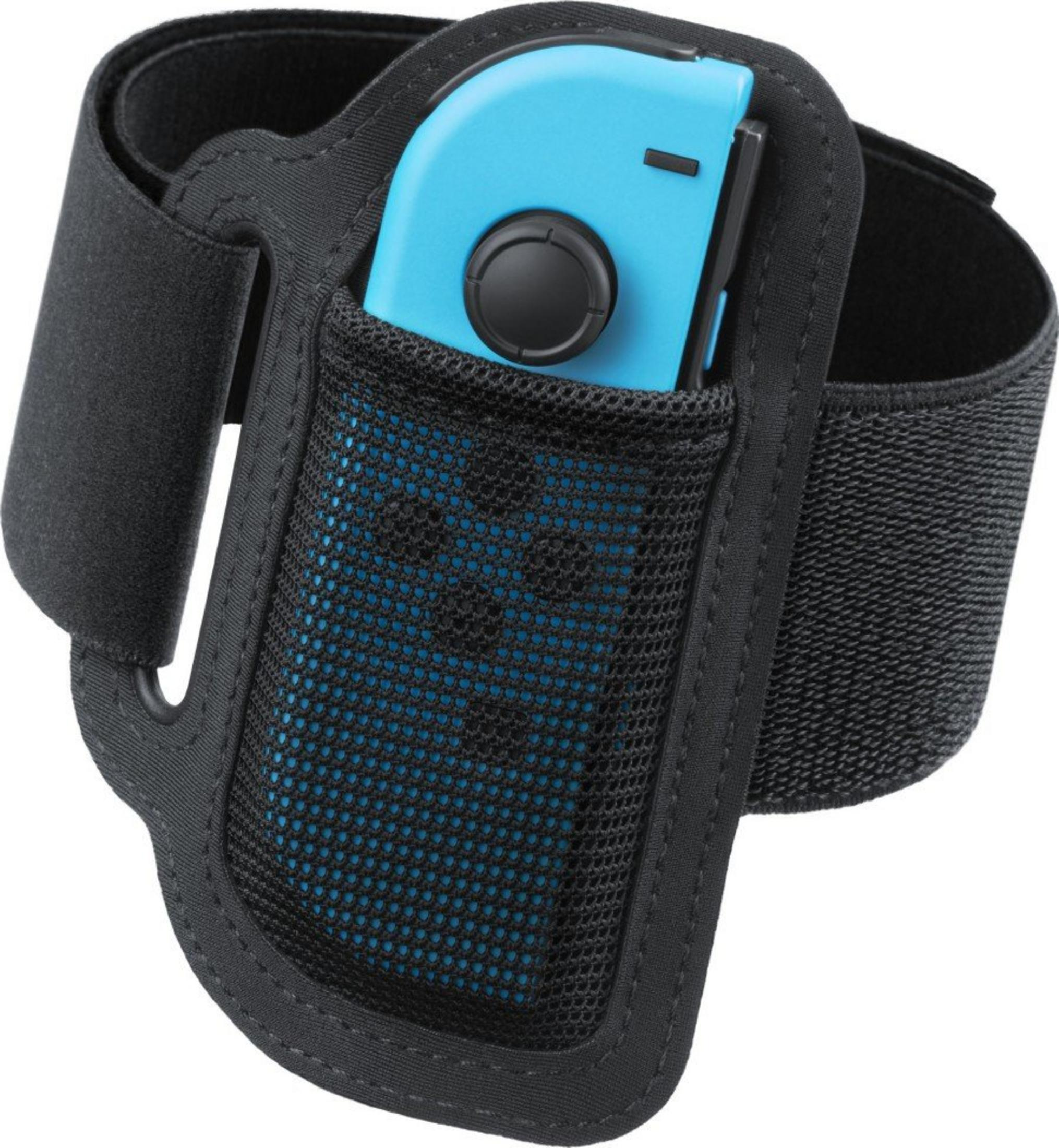 Un Joy-Con blu Nintendo Switch in un bracciale nero con rete.