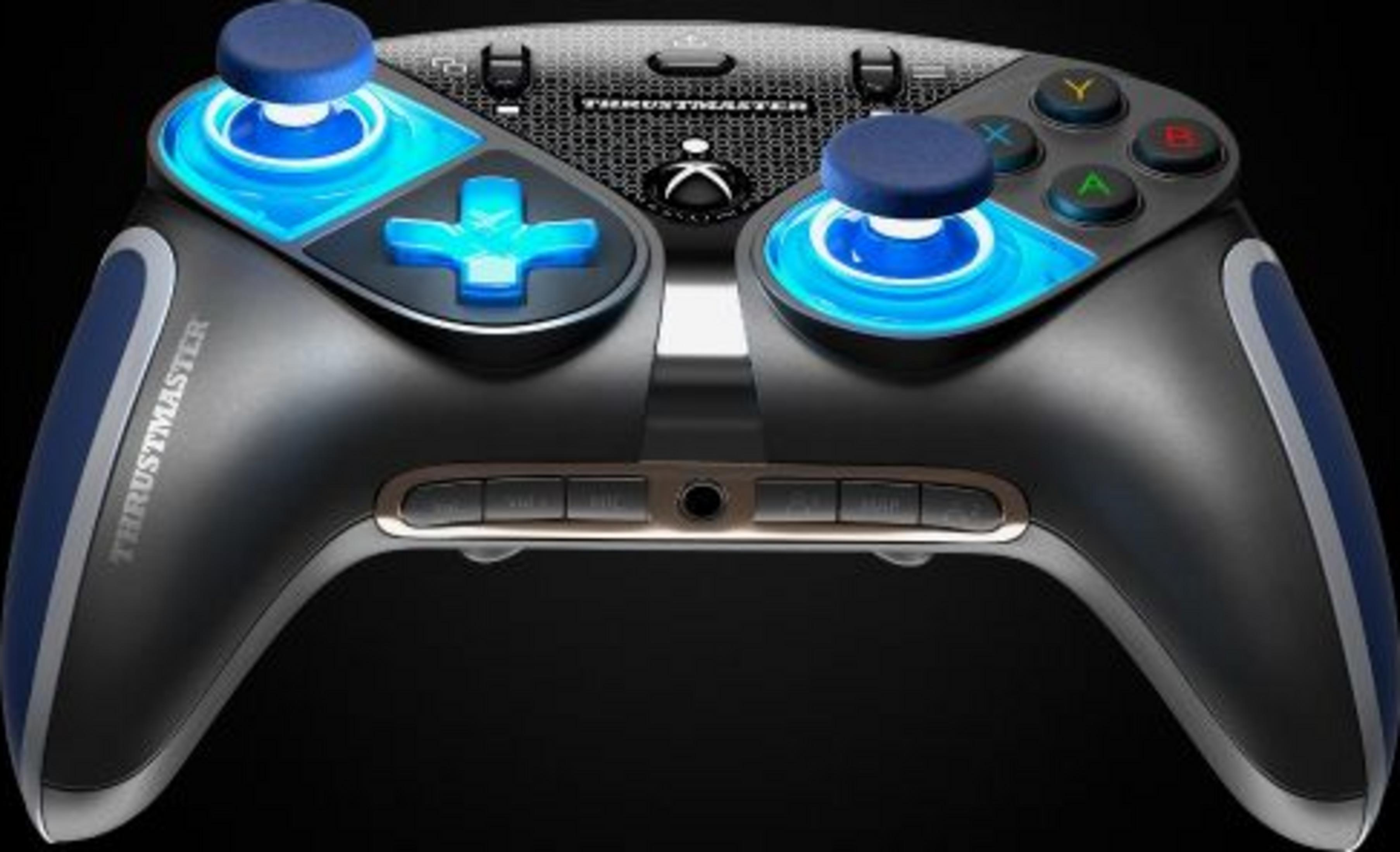 Un mando de juegos negro con acentos azules y joysticks iluminados.