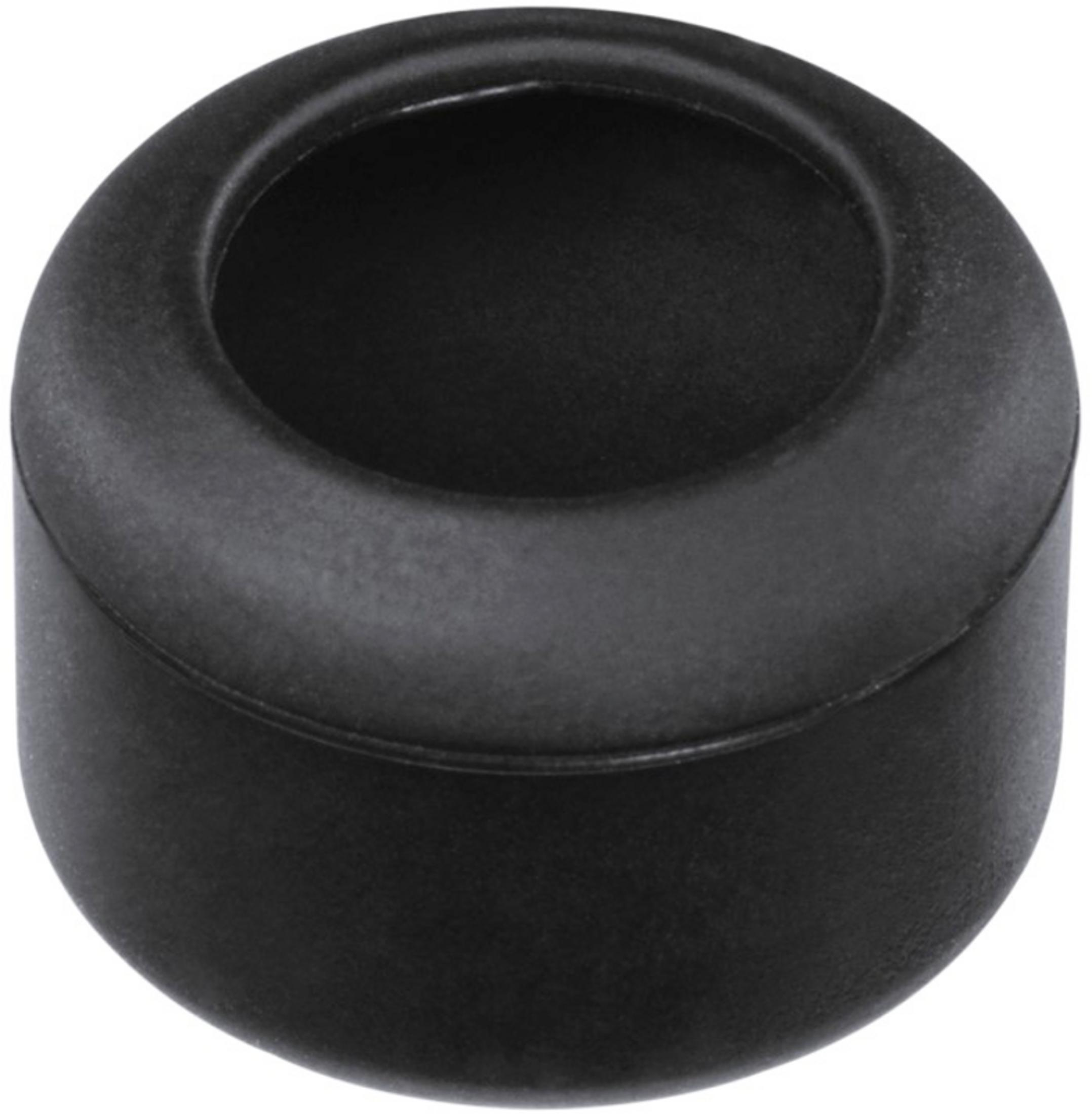 Czarny, cylindryczny gumowy korek z okrągłym otworem na górze.