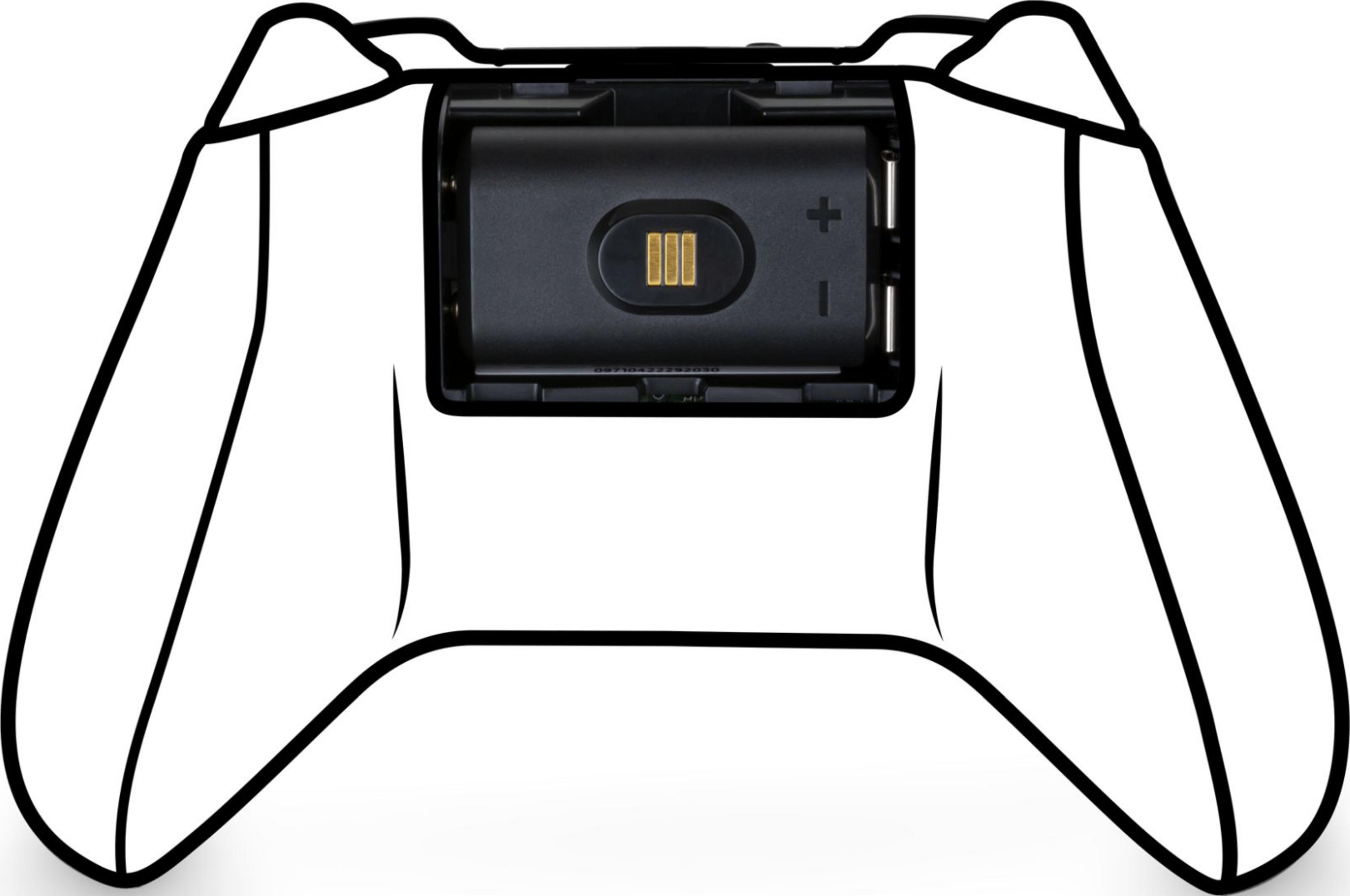 Un controller bianco con il vano batteria aperto, che mostra una batteria nera.