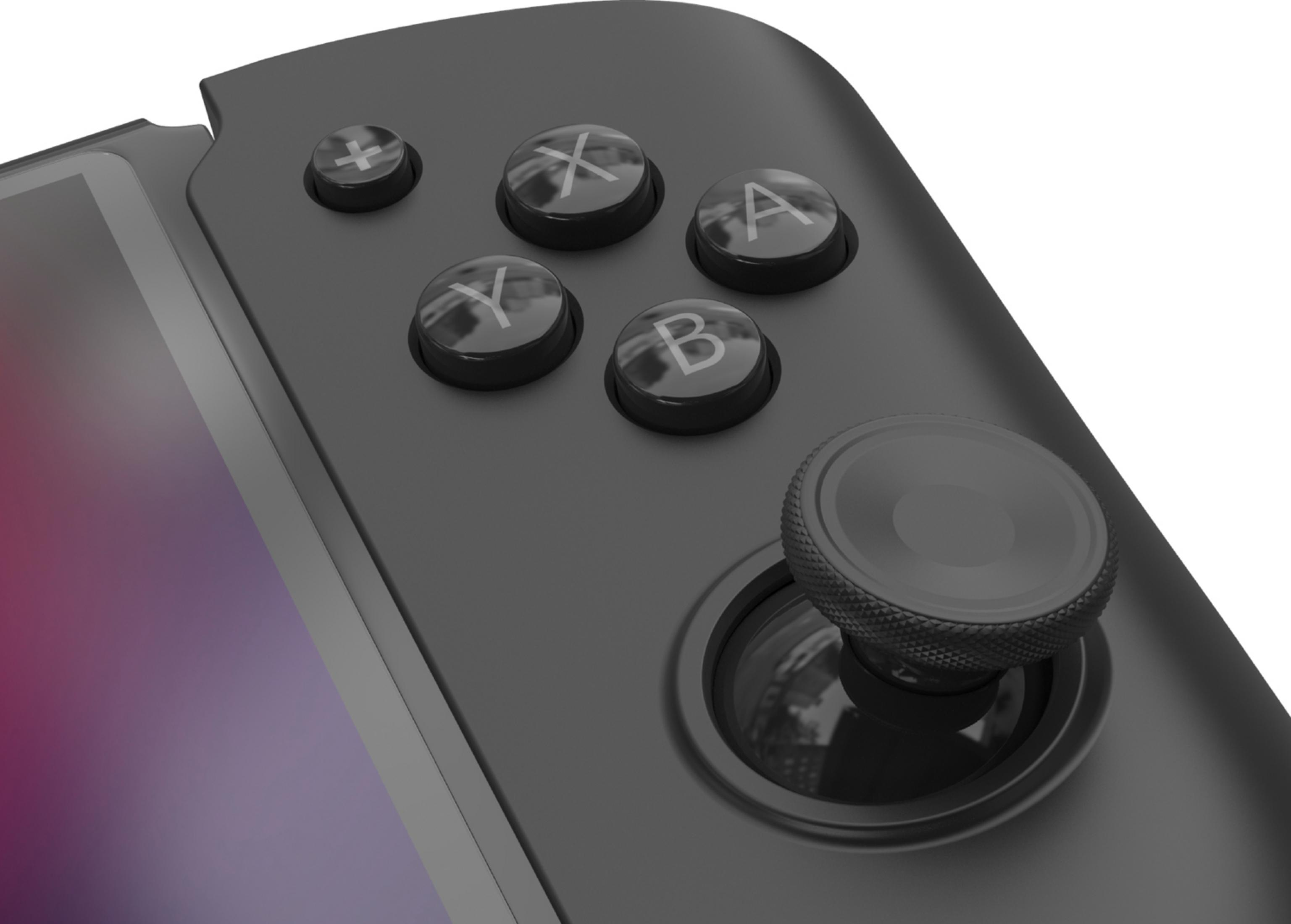 Grauer Controller mit Joystick, A, B, X, Y und Plus-Knopf. Zeigt Bildschirm.