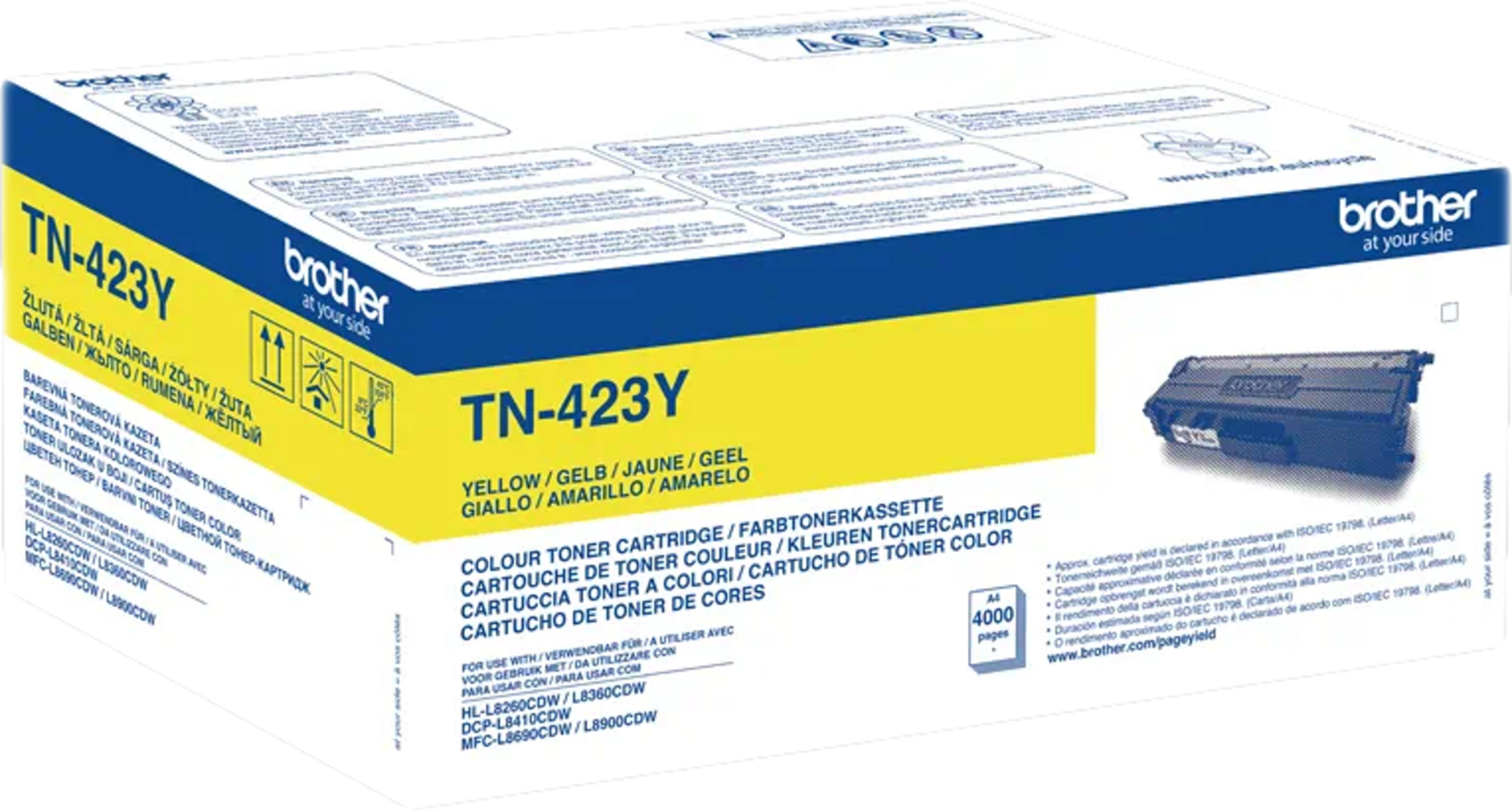 Cartuccia toner Brother TN-423Y gialla con stampante e imballaggio.