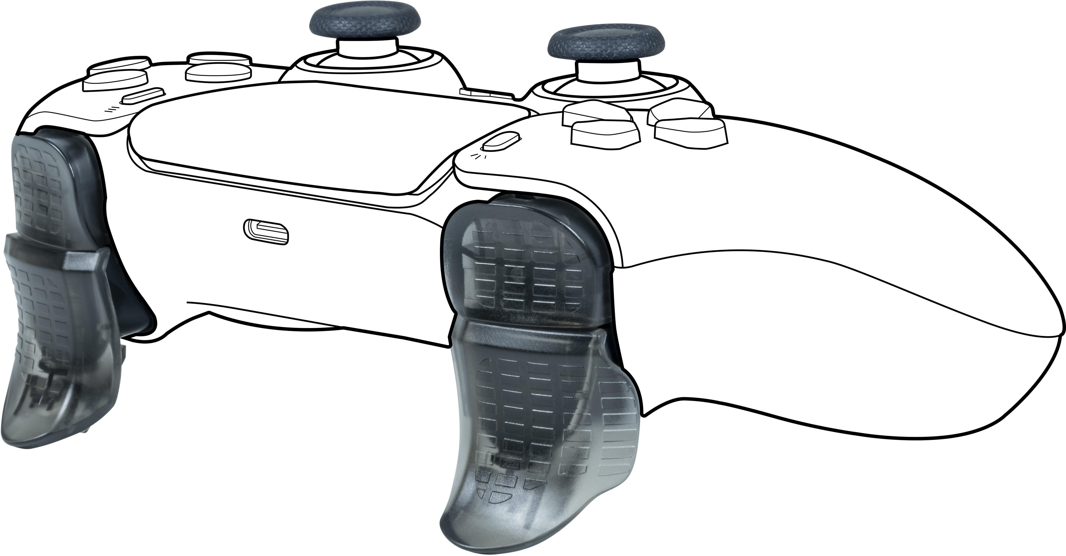 Rysunek liniowy białego kontrolera z czarnymi uchwytami i przyciskami.