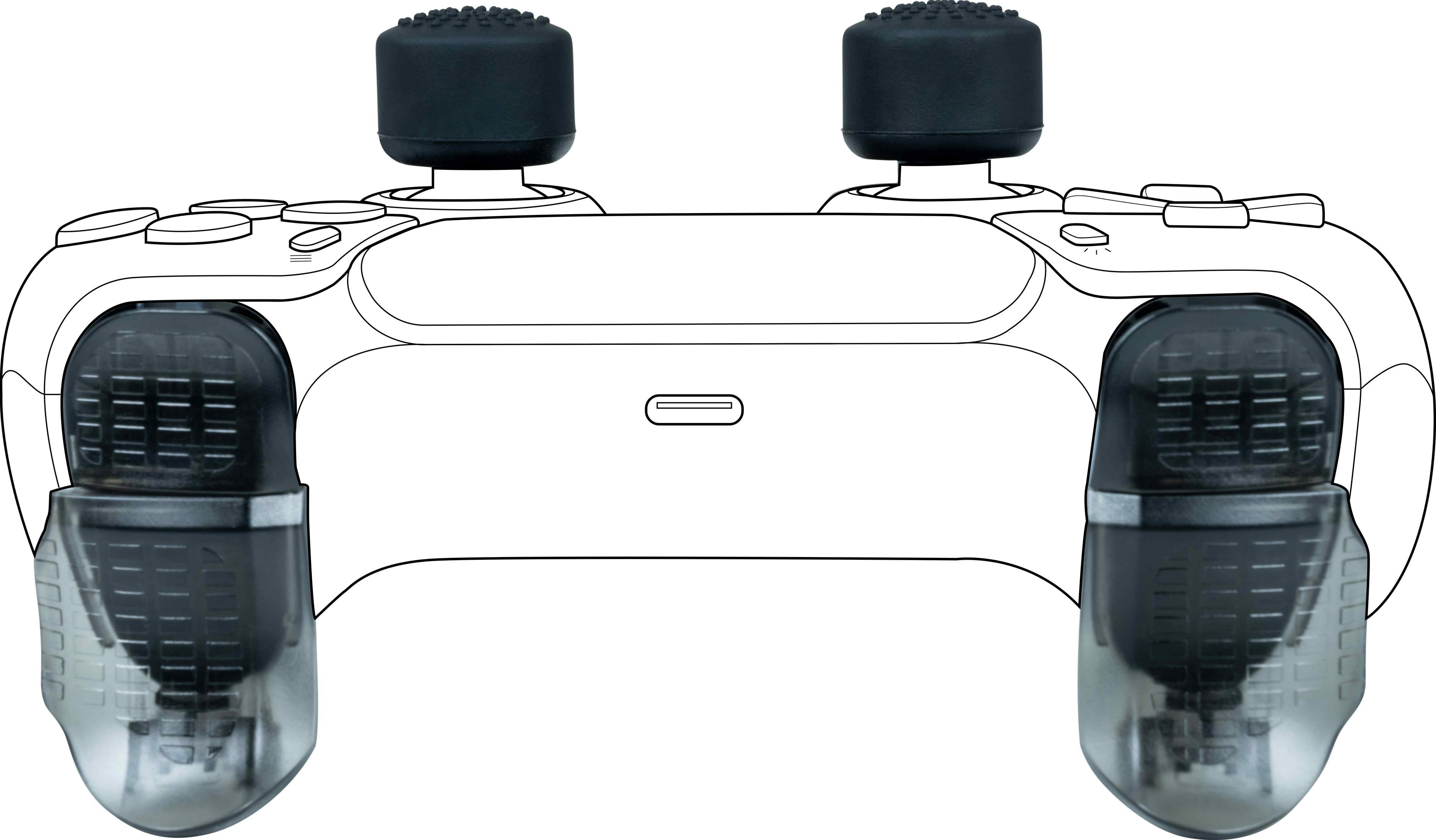 Biały kontroler z czarnymi uchwytami i gałkami.