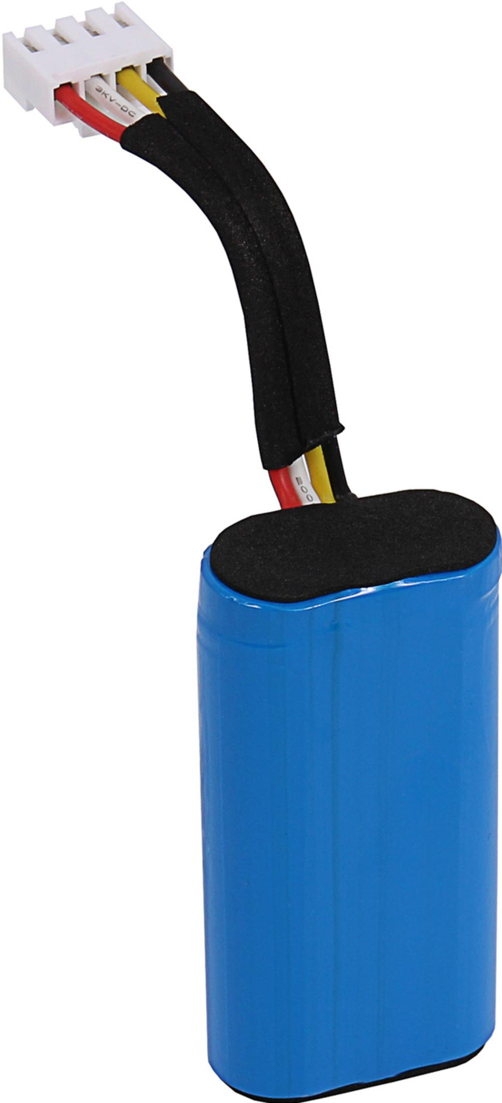 Blauer Akkupack mit roten, gelben, schwarzen Kabeln und weißem Stecker.