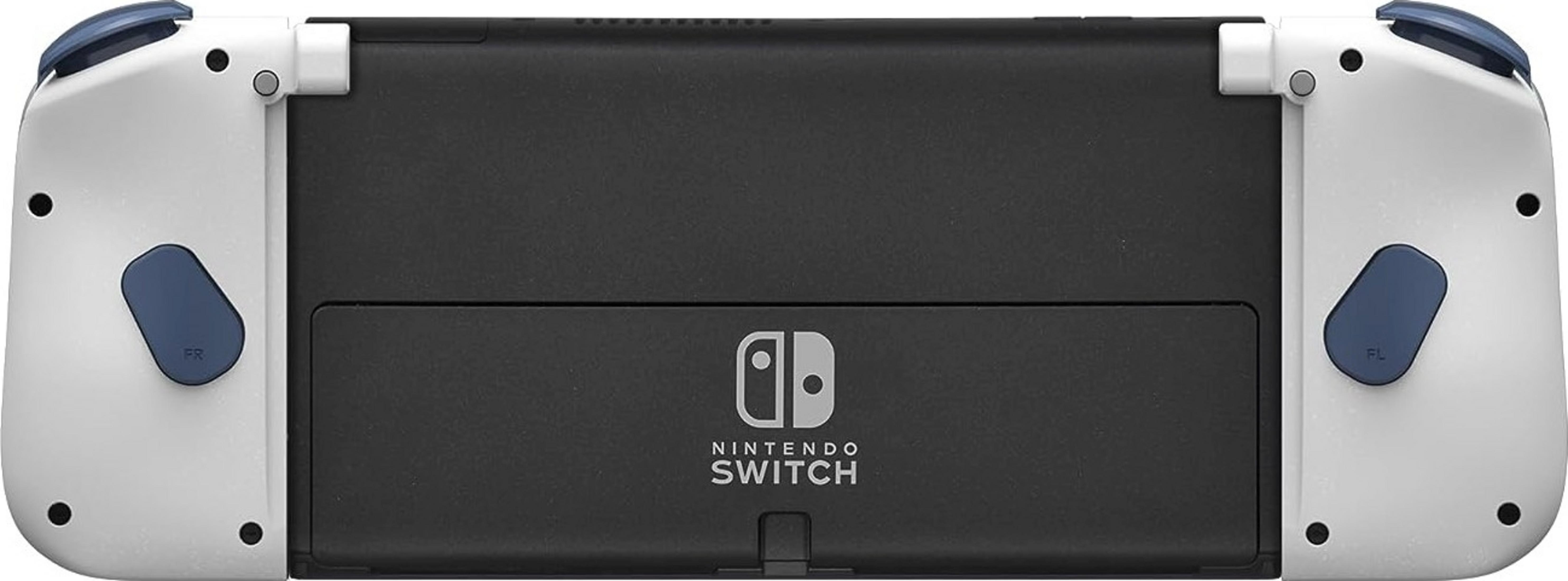 Tył konsoli Nintendo Switch z niebiesko-białym kontrolerem.
