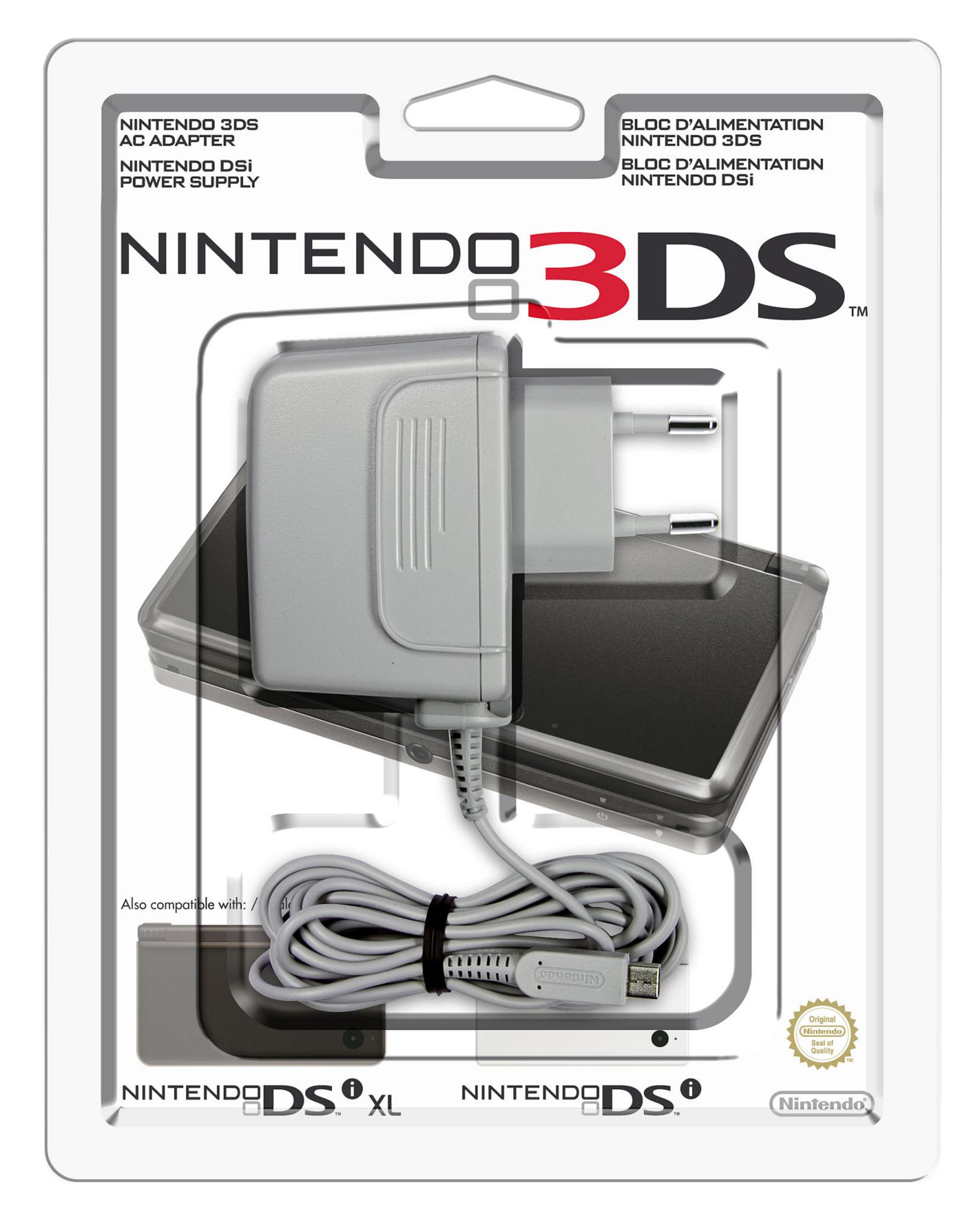 Grauer Nintendo 3DS Netzadapter mit Kabel in Verpackung.