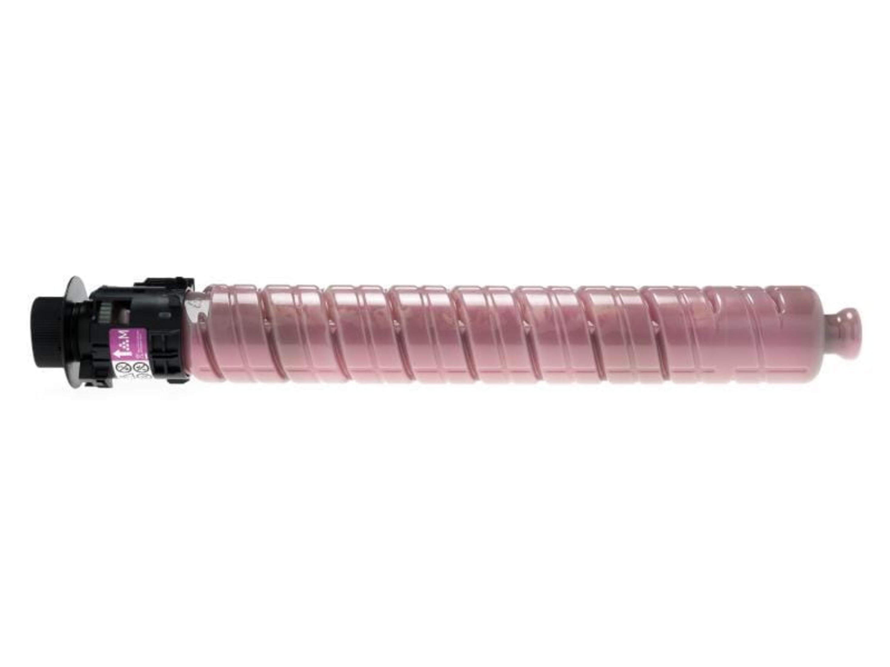 Una cartuccia toner rosa per stampante con connettore nero.