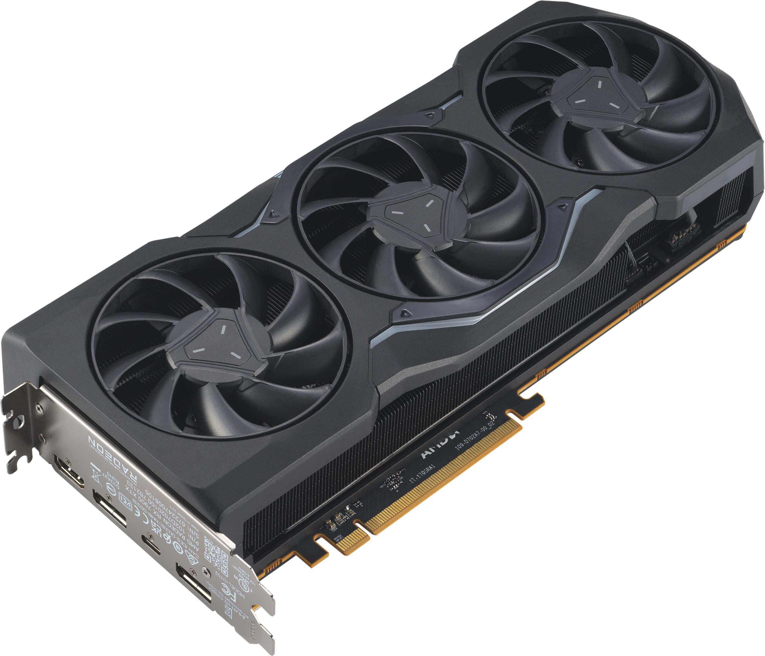 A black graphics card with three fans and gold connectors.