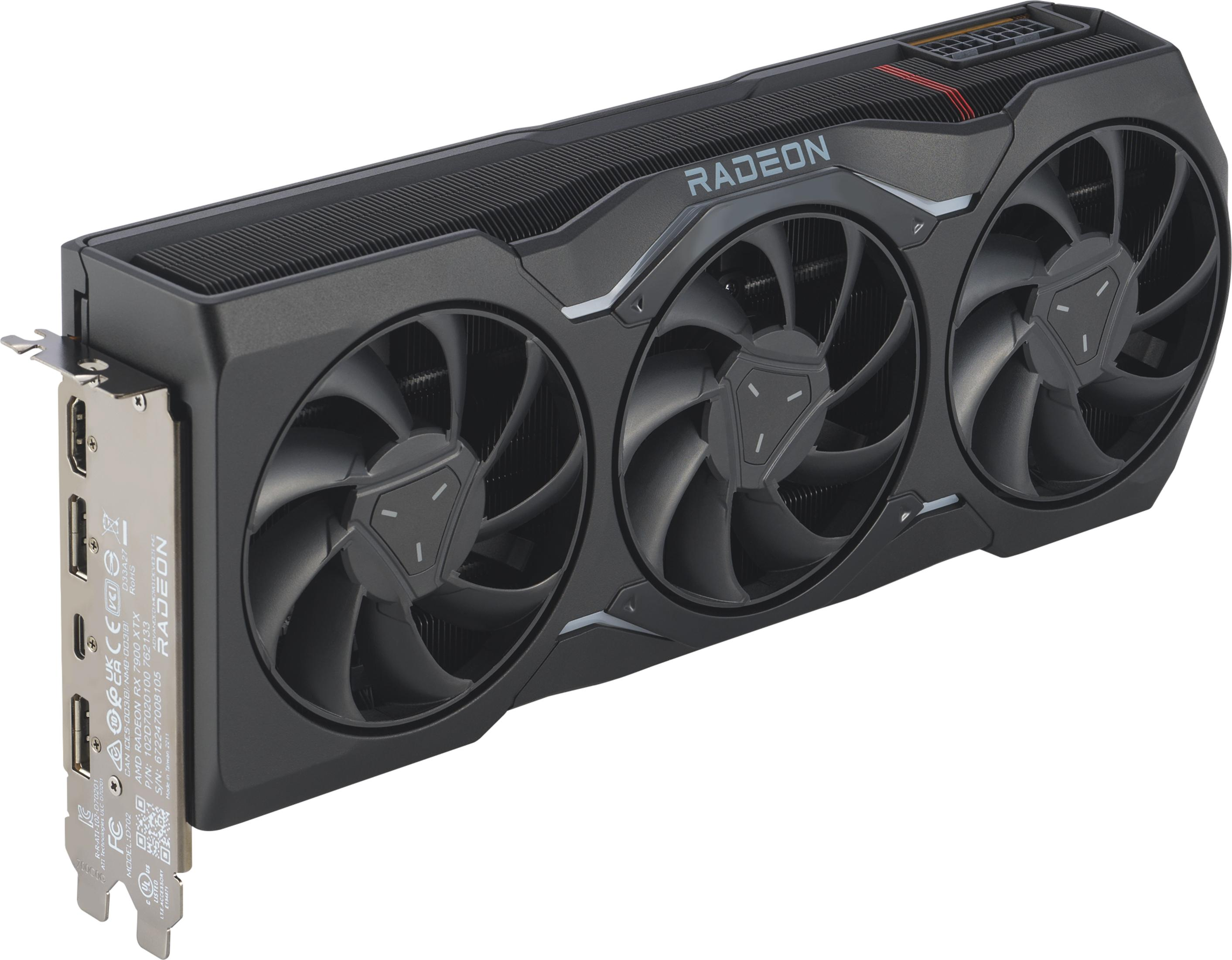 A black AMD Radeon graphics card with three fans and ports.