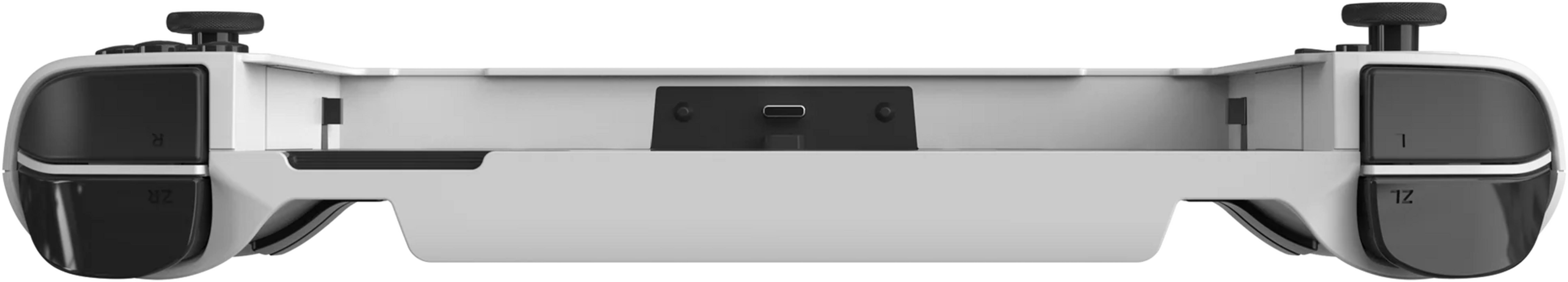 Ein weißer Gaming-Controller mit schwarzen Knöpfen und einem USB-C-Anschluss.