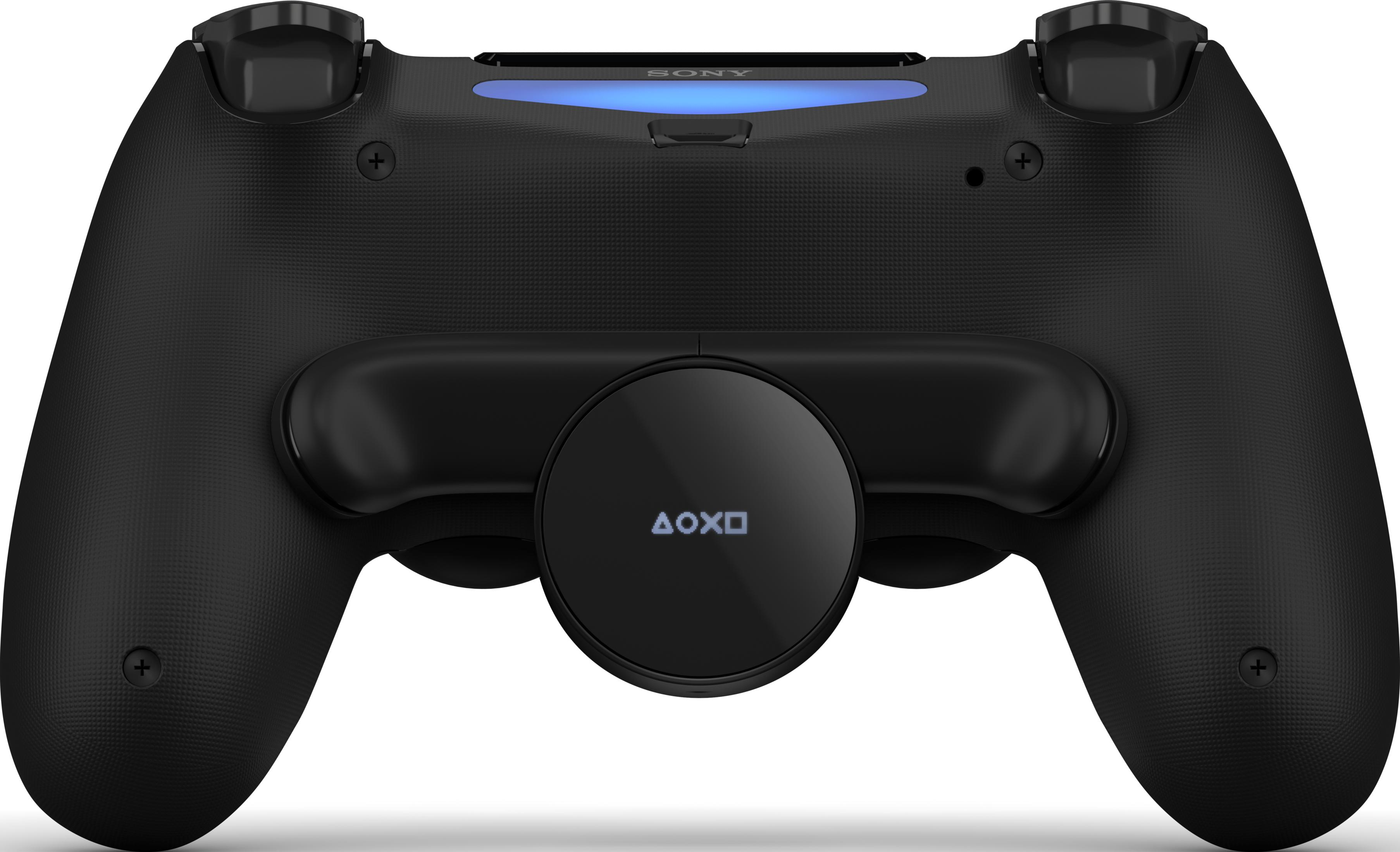 Schwarzer PlayStation Controller mit blauem Lichtbalken und Touchpad.