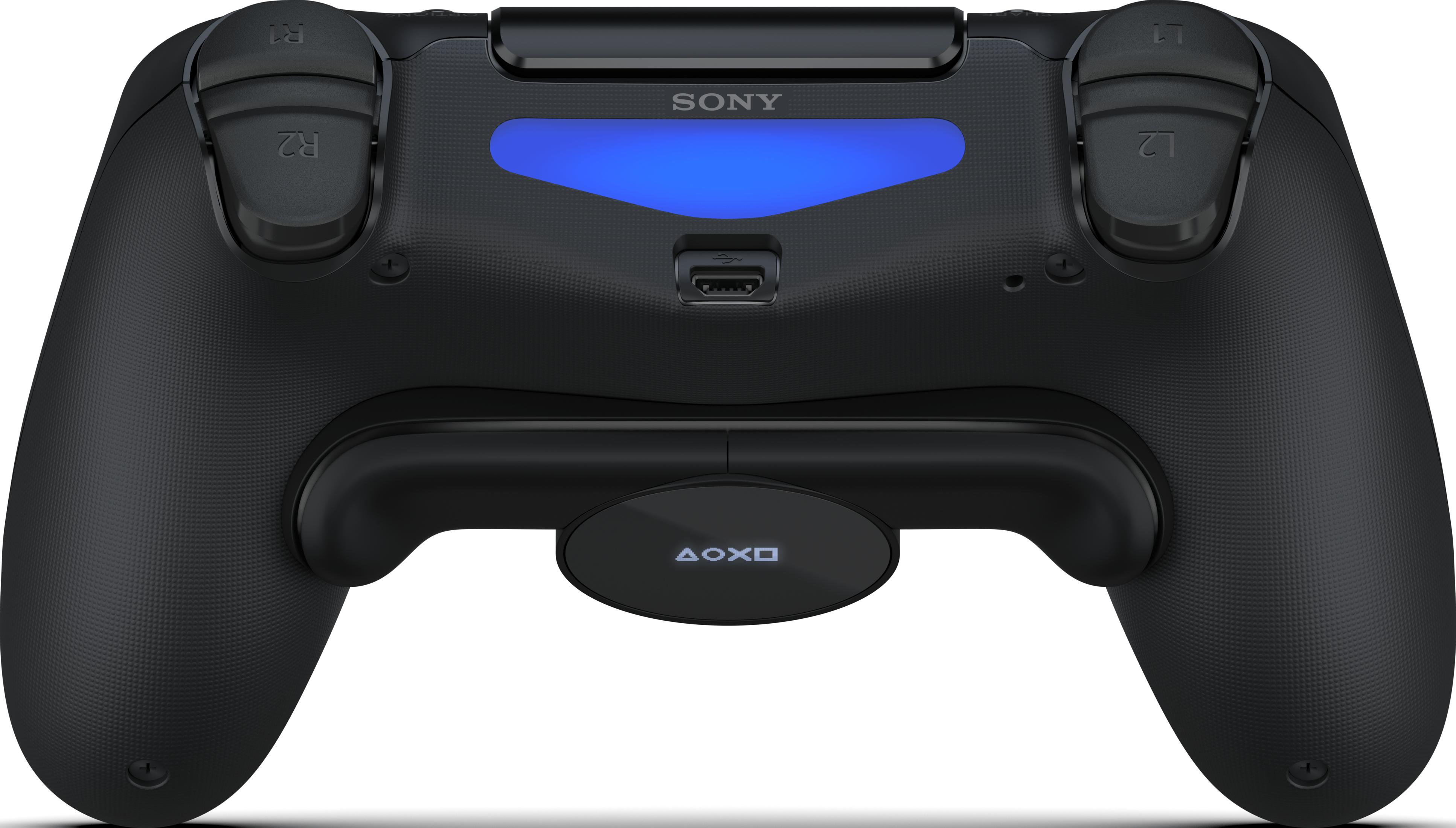 Schwarzer Sony Controller mit blauer Leuchtleiste und USB-C-Anschluss.