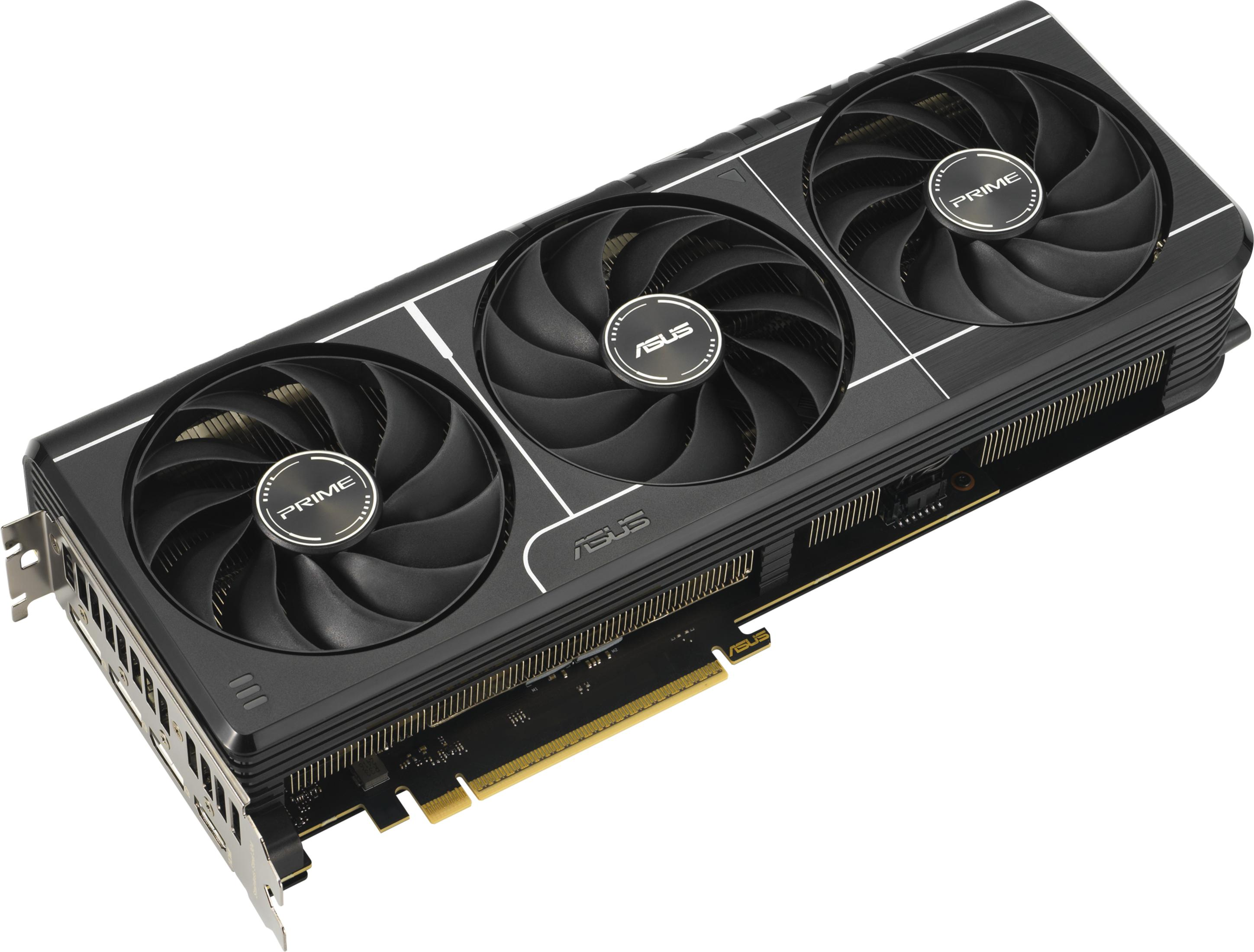 Üç fanlı ve ASUS logolu siyah grafik kartı.