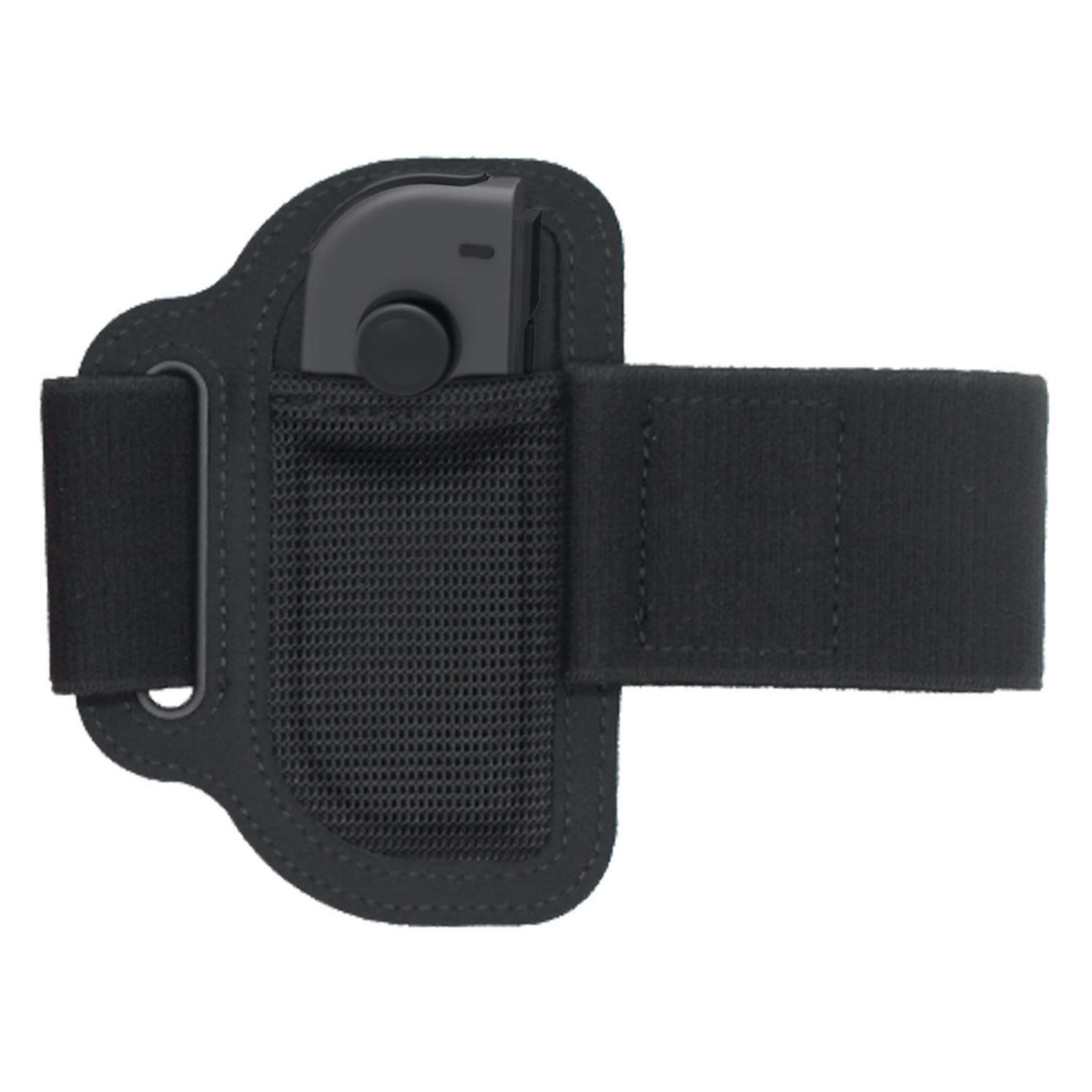 Schwarzer Armgurt mit integrierter Tasche für ein Handheld-Gerät.