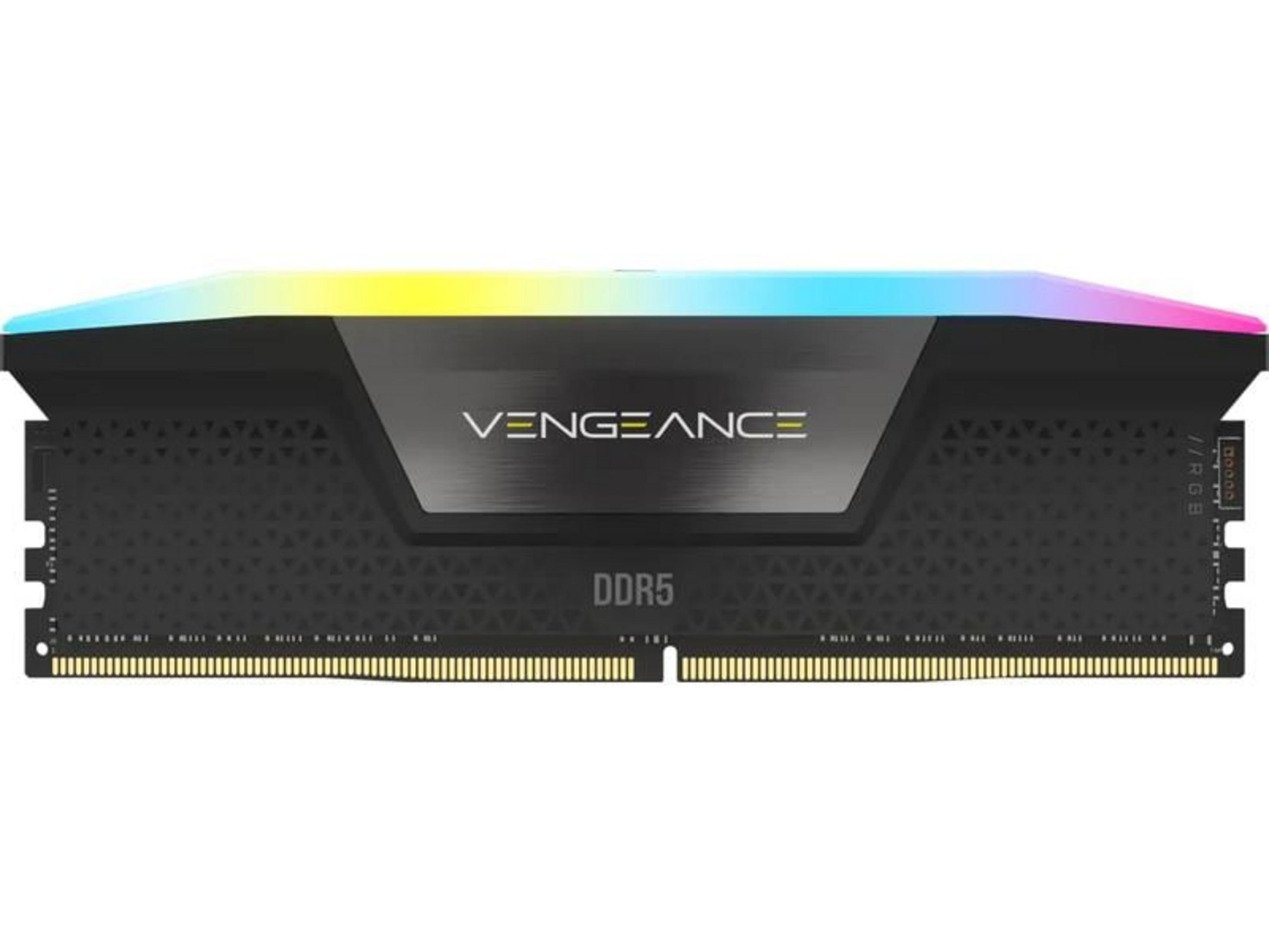 Czarny moduł RAM DDR5 z oświetleniem RGB i logo Vengeance.