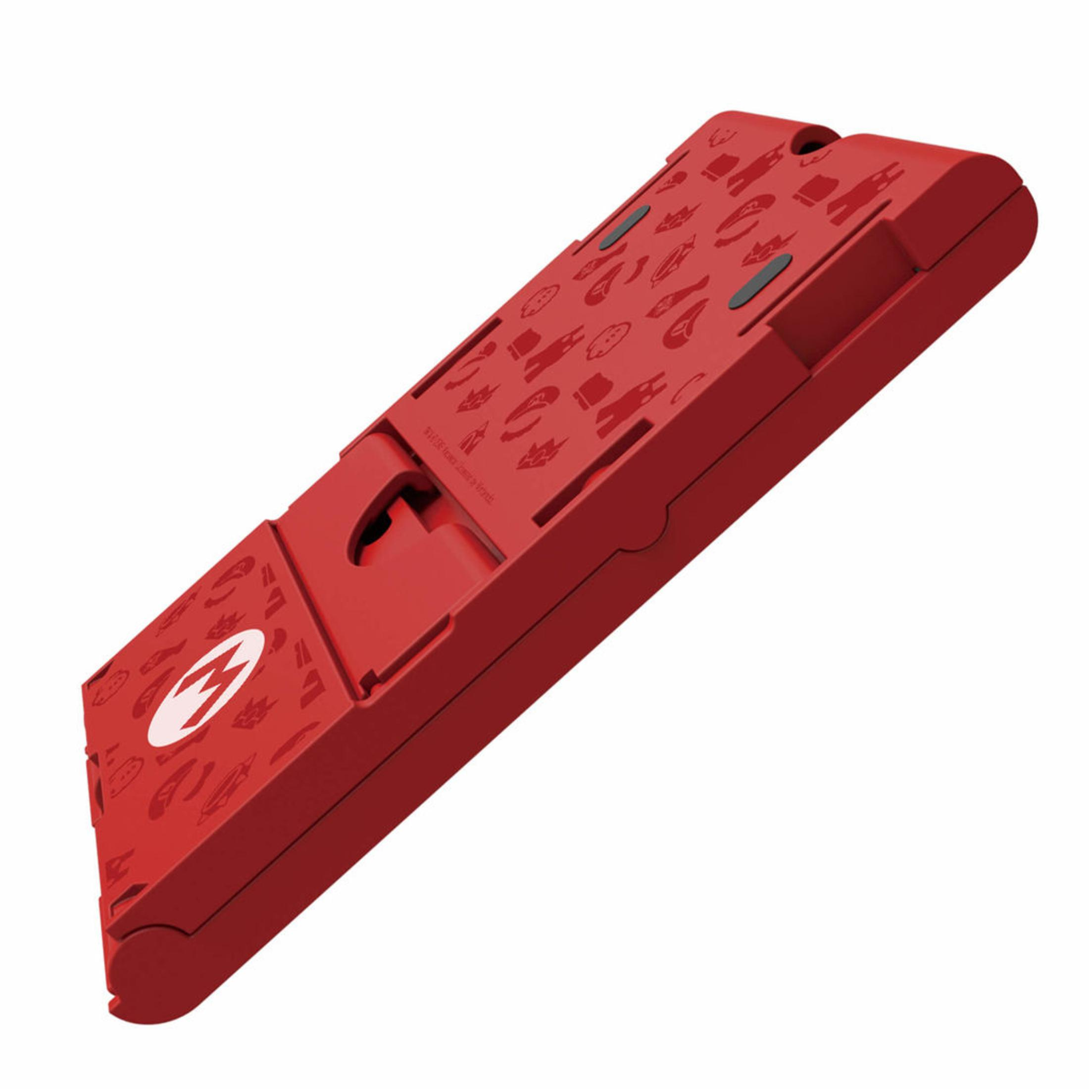 Soporte rojo de Nintendo Switch con motivo de Mario e iconos.