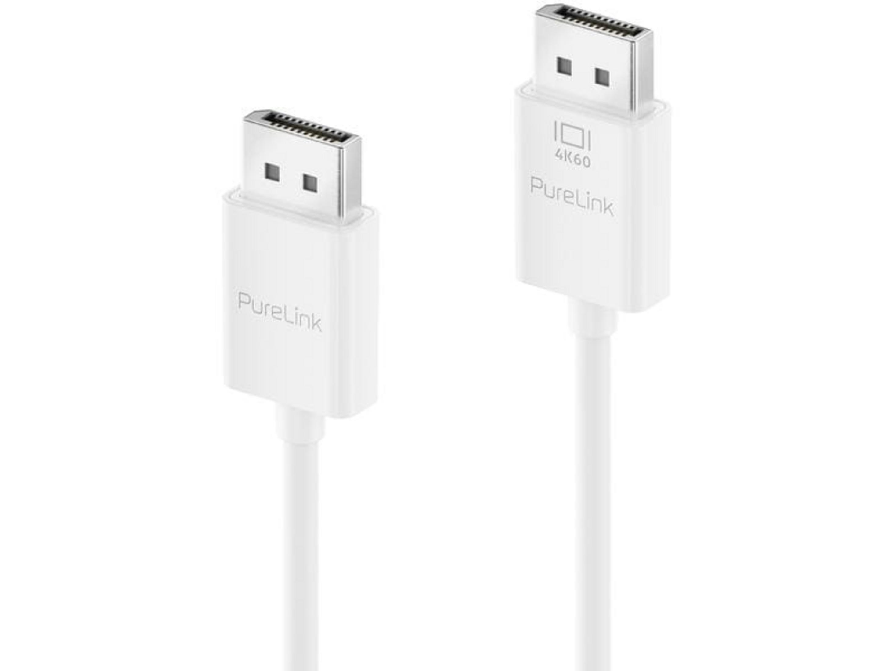 Due cavi DisplayPort bianchi con connettori argentati, etichettati PureLink.