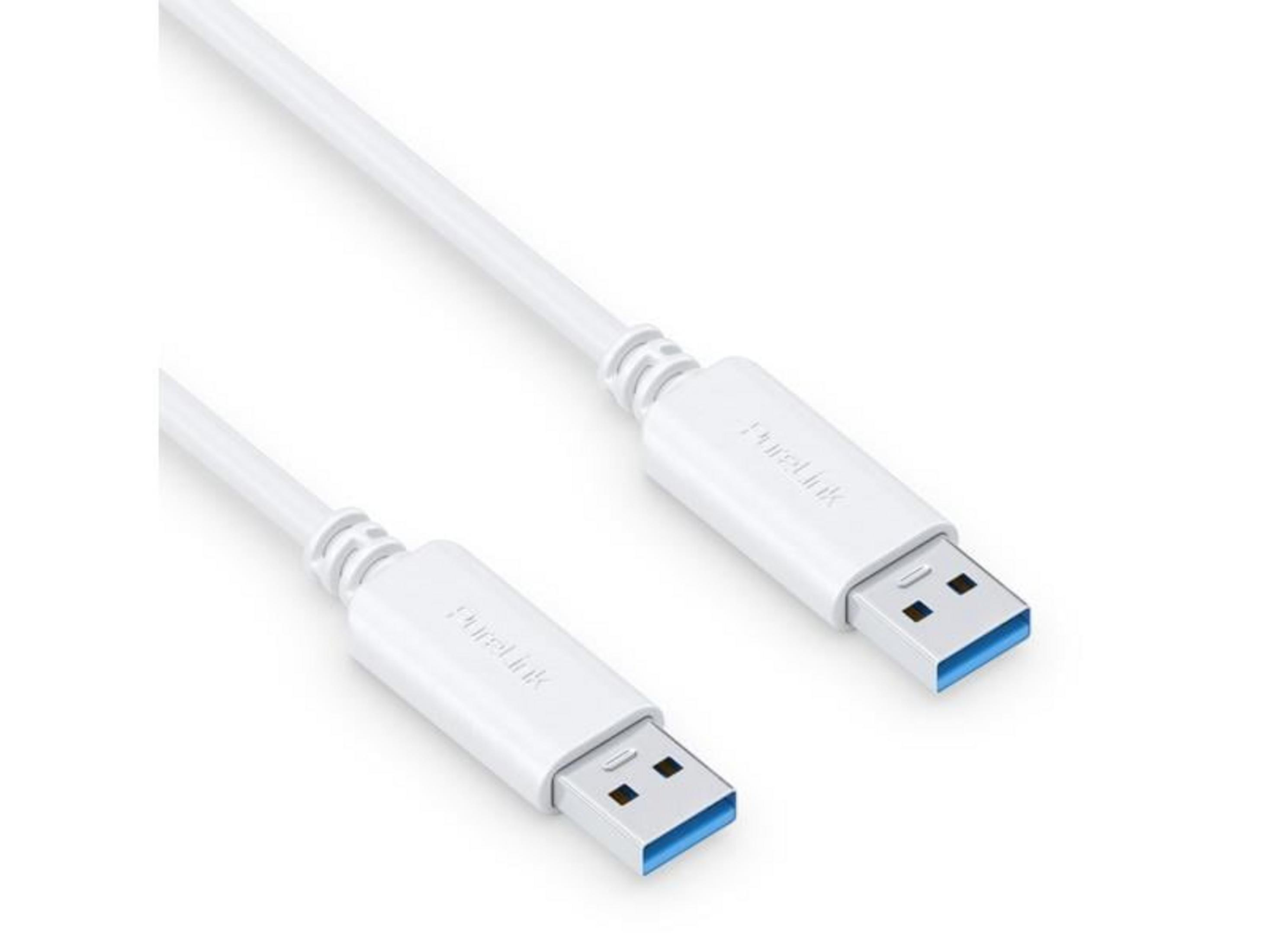 Due cavi USB 3.0 bianchi con connettori blu su sfondo bianco.